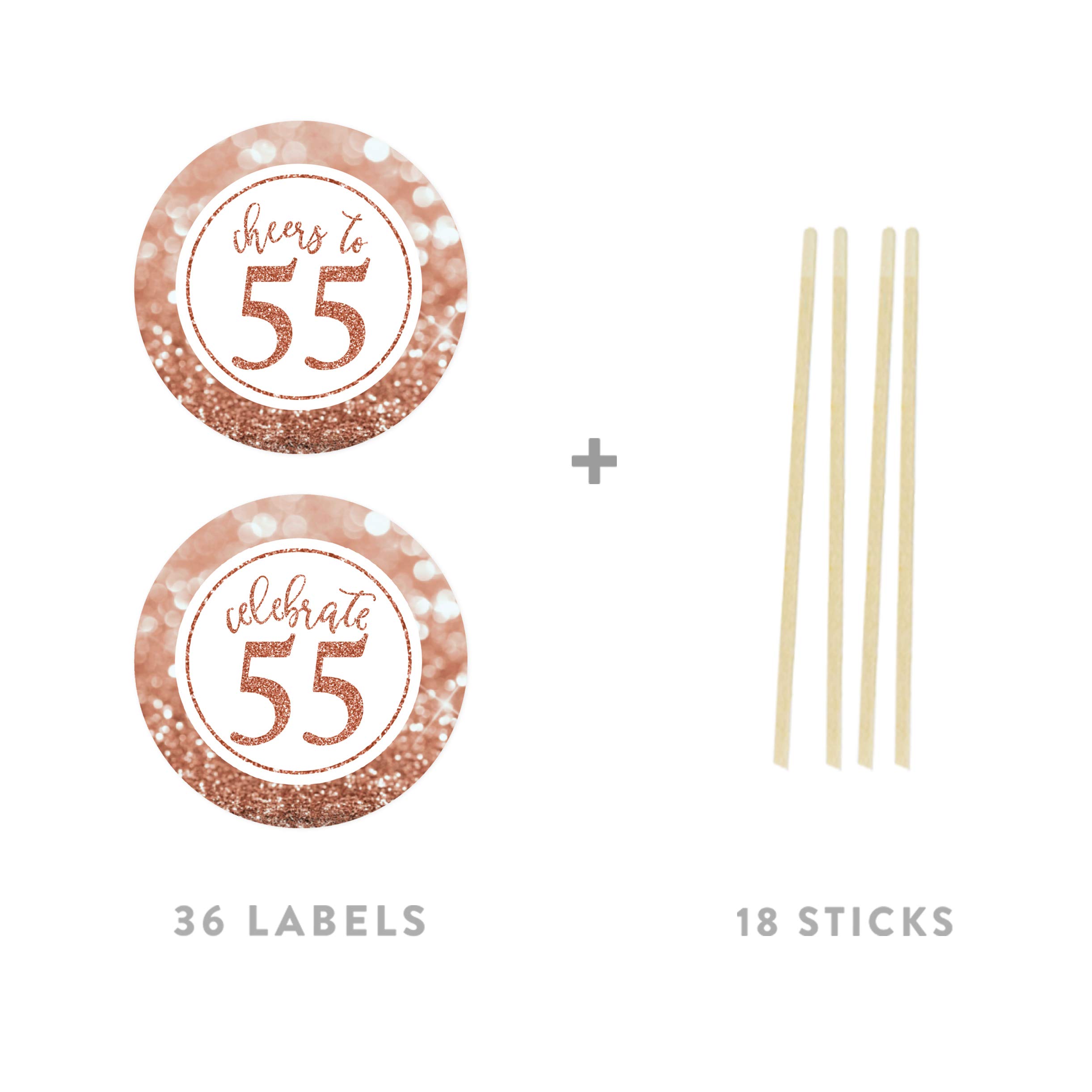 Andaz Press Glitzy Faux Rose Gold Glitter Round DIY Cupcake Toppers, Cheers to 55 Years, 55th Birthday or Anniversary, 20-Pack, Cake Dessert Party Decor