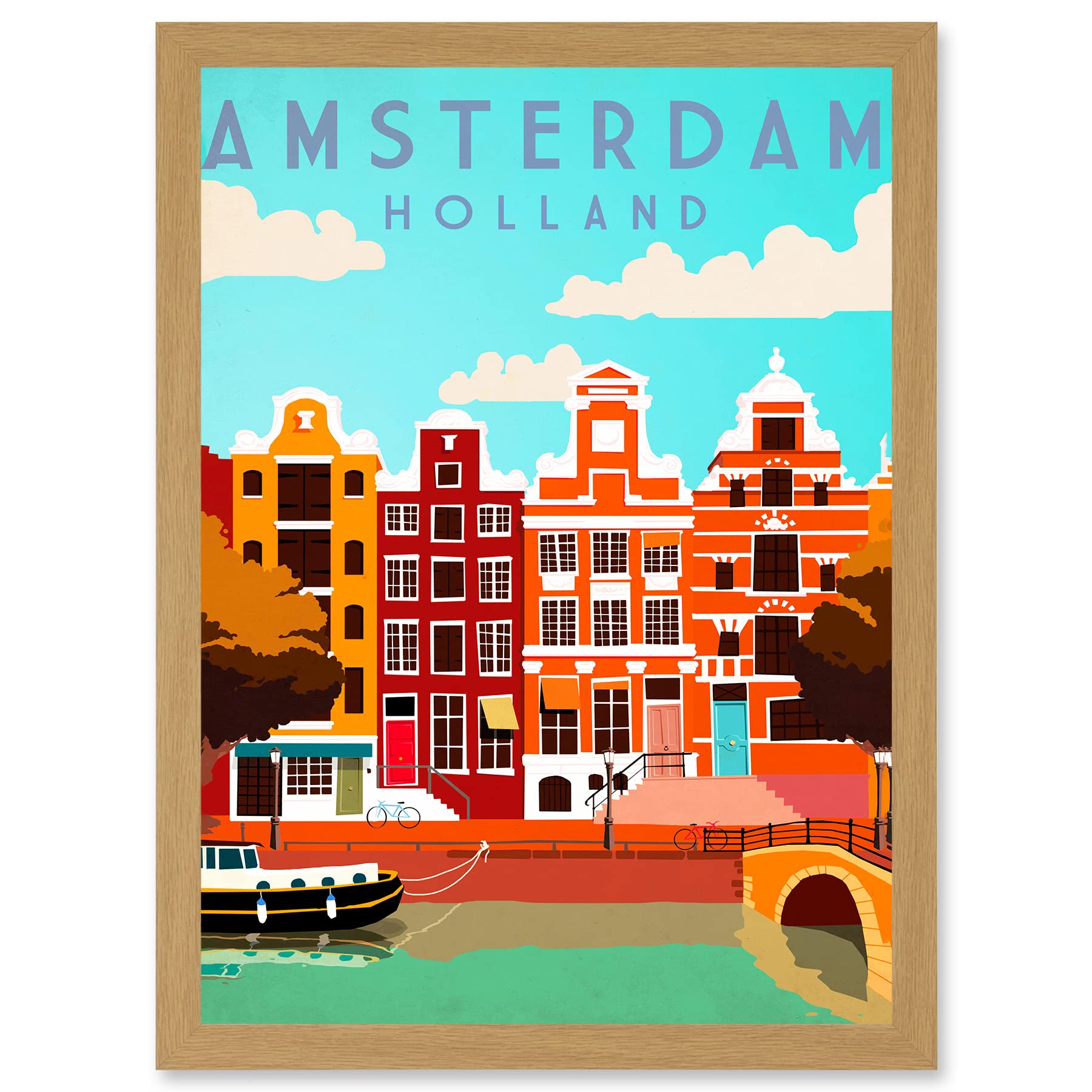 Artery8 Travel Tourism Amsterdam Holland Netherlands Canal Boat Houses Colourful A4 Artwork Framed Wall Art Print