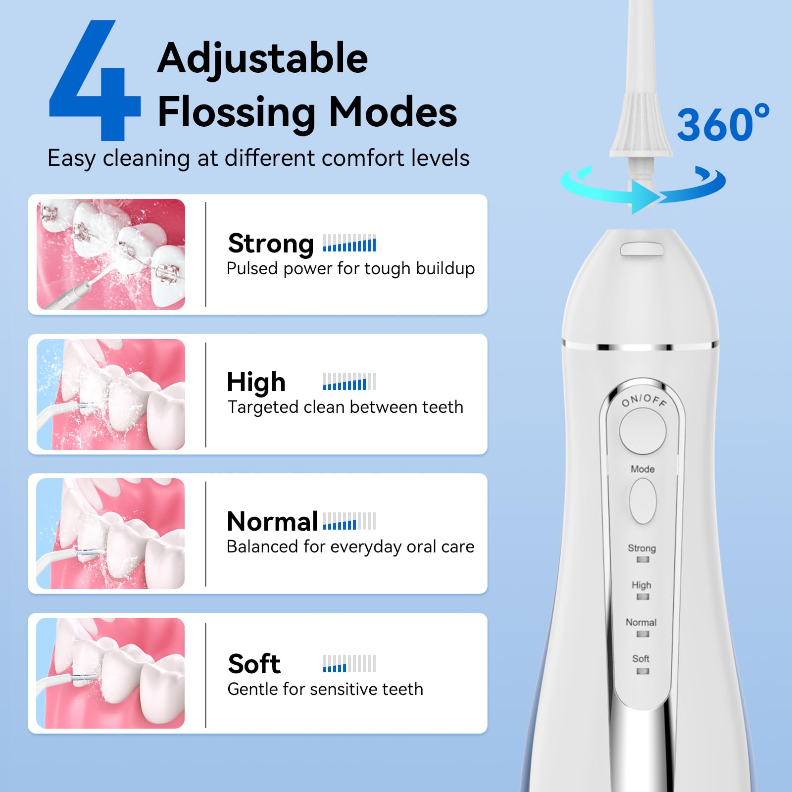 Púa de dientes con irrigador dental de agua, irrigador oral recargable inalámbrico, riego dental portátil de 300 ml con 4 modos, irrigador dental impermeable IPX7 para aparatos ortopédicos, viajes y