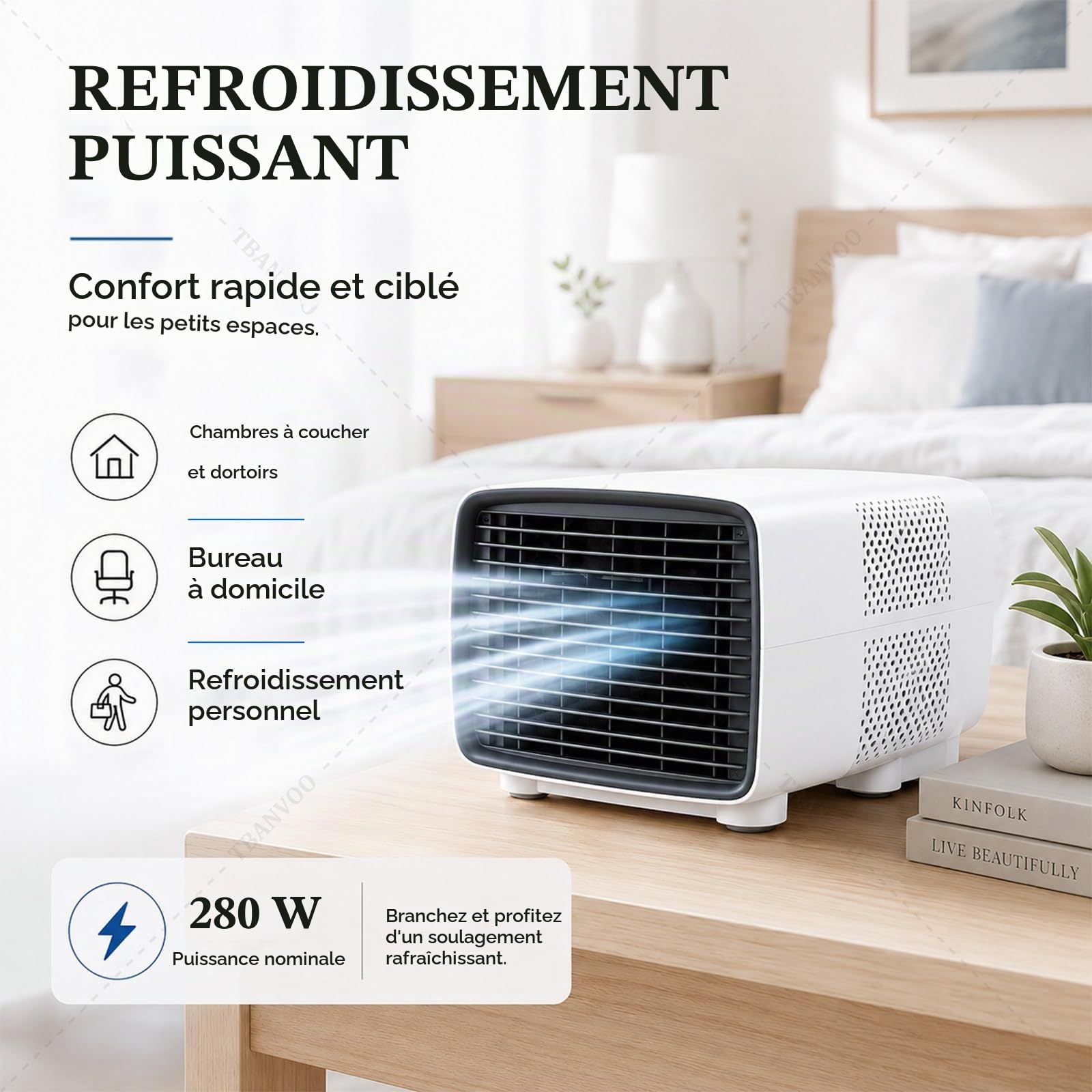 3000BTU Climatiseur Portable, 280W Basse Consommation, Refroidit, Ventile et Déshumidifie, Écran Tactile sans Fil, Ultra-Silencieux pour Caravane, Camping et Bureau de Cuisine