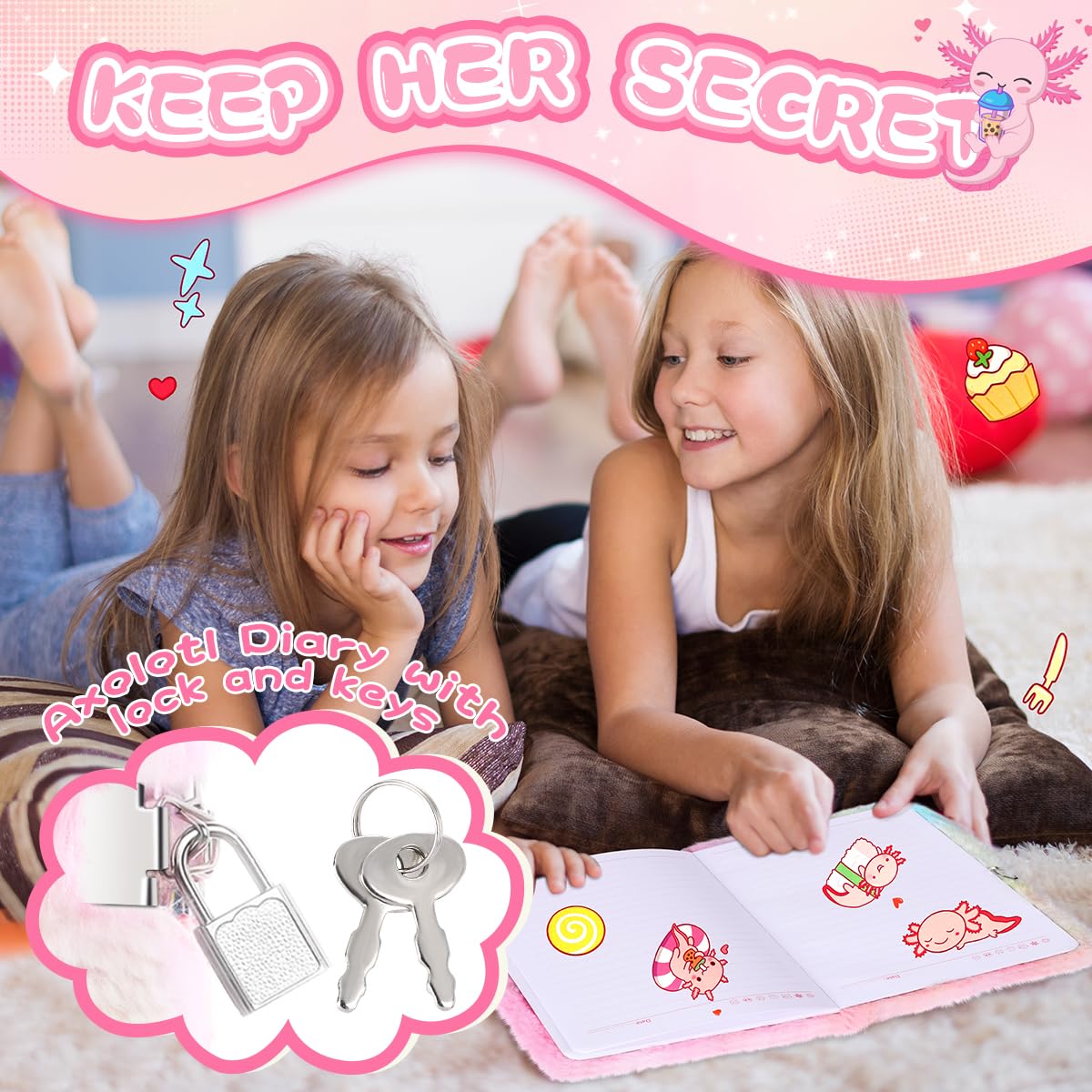 PrinBarBee Axolotl Diary For Girls With Lock And Keys, Girls Fuzzy Notebook Gift Set For Writing And Drawing