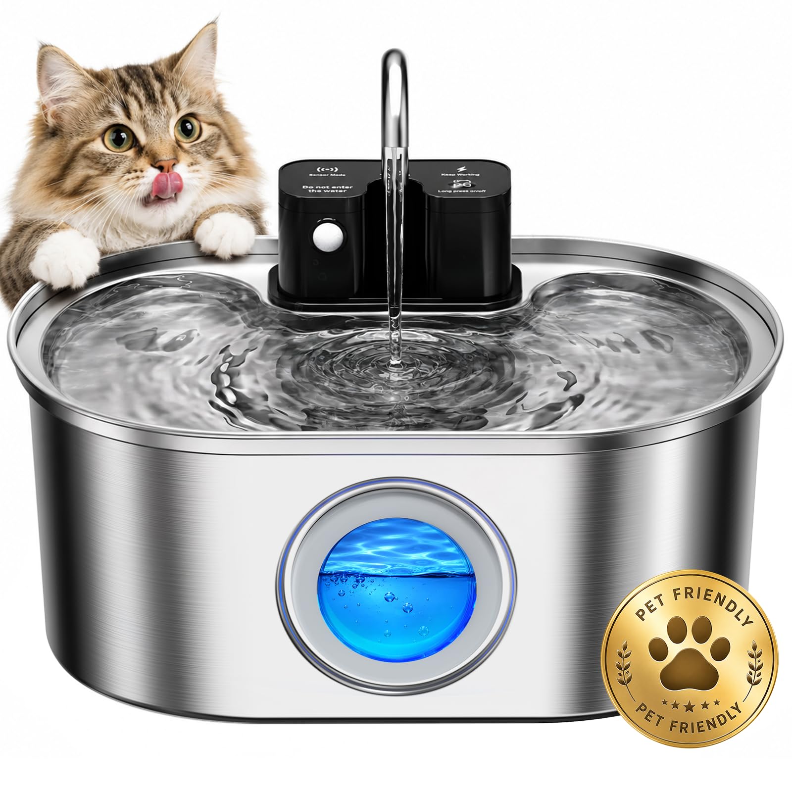 PEKTACO Fuente de agua inalámbrica para gatos, 3,2 L, acero inoxidable, 1