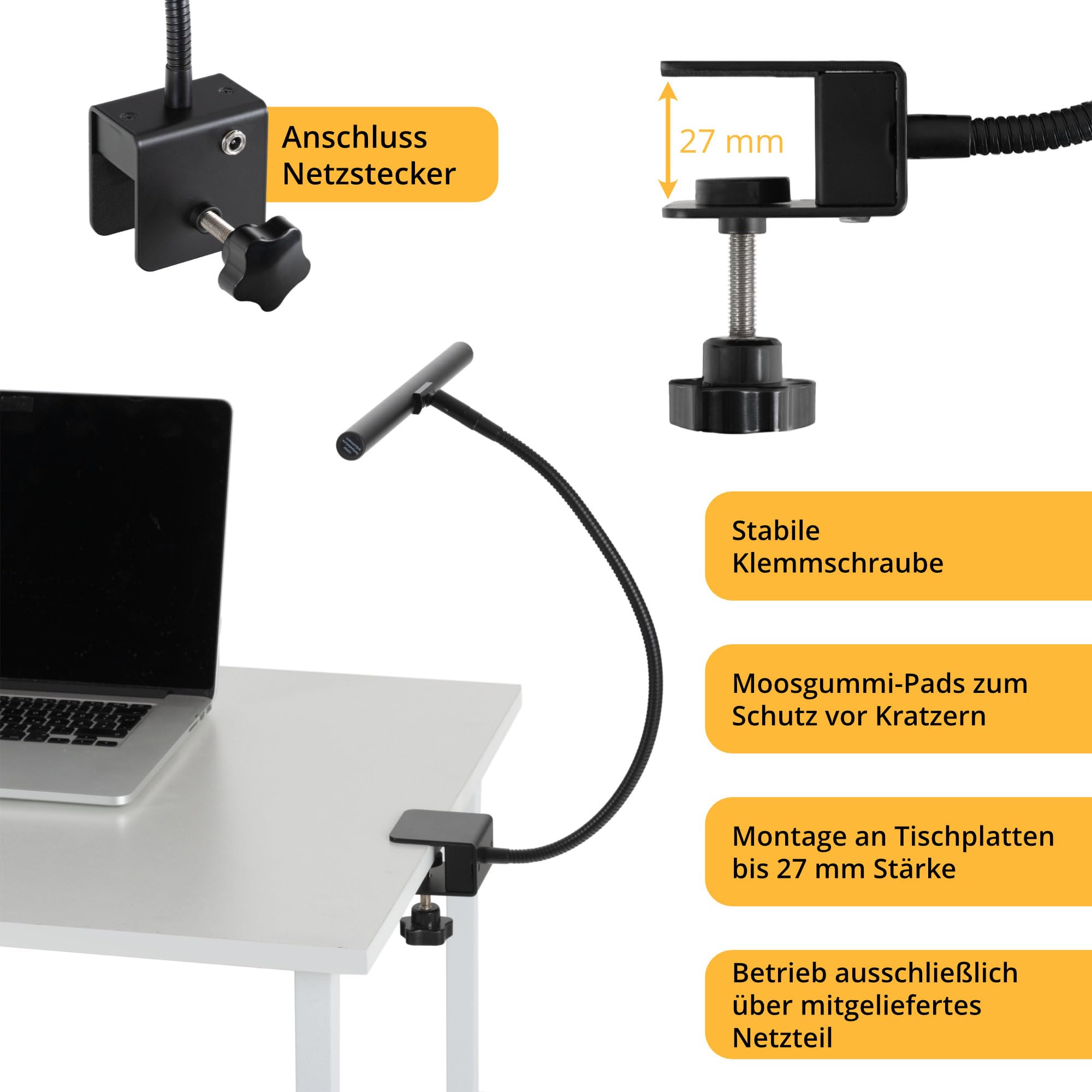 Classic Cantabile SM Orchesterleuchte für Notenpult - Dimmbare Klemmlampe LED mit Memory-Funktion - Tischlampe mit Schwanenhals - Warm-weißes Licht, 78 LEDs - Notenpultleuchte - Klavierlampe Schwarz