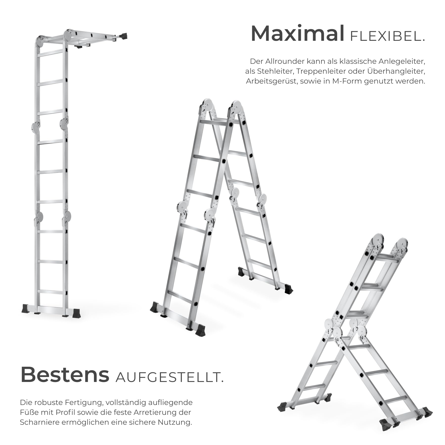 tectake® Aluminium Mehrzweckleiter 6in1, 4 x 3 Sprossen, 352 cm, Belastbarkeit 150 kg, geriffelte Trittfläche, klappbar, rutschfest, abgerundete Kanten, Multifunktionsleiter, Haushaltsleiter - Silber