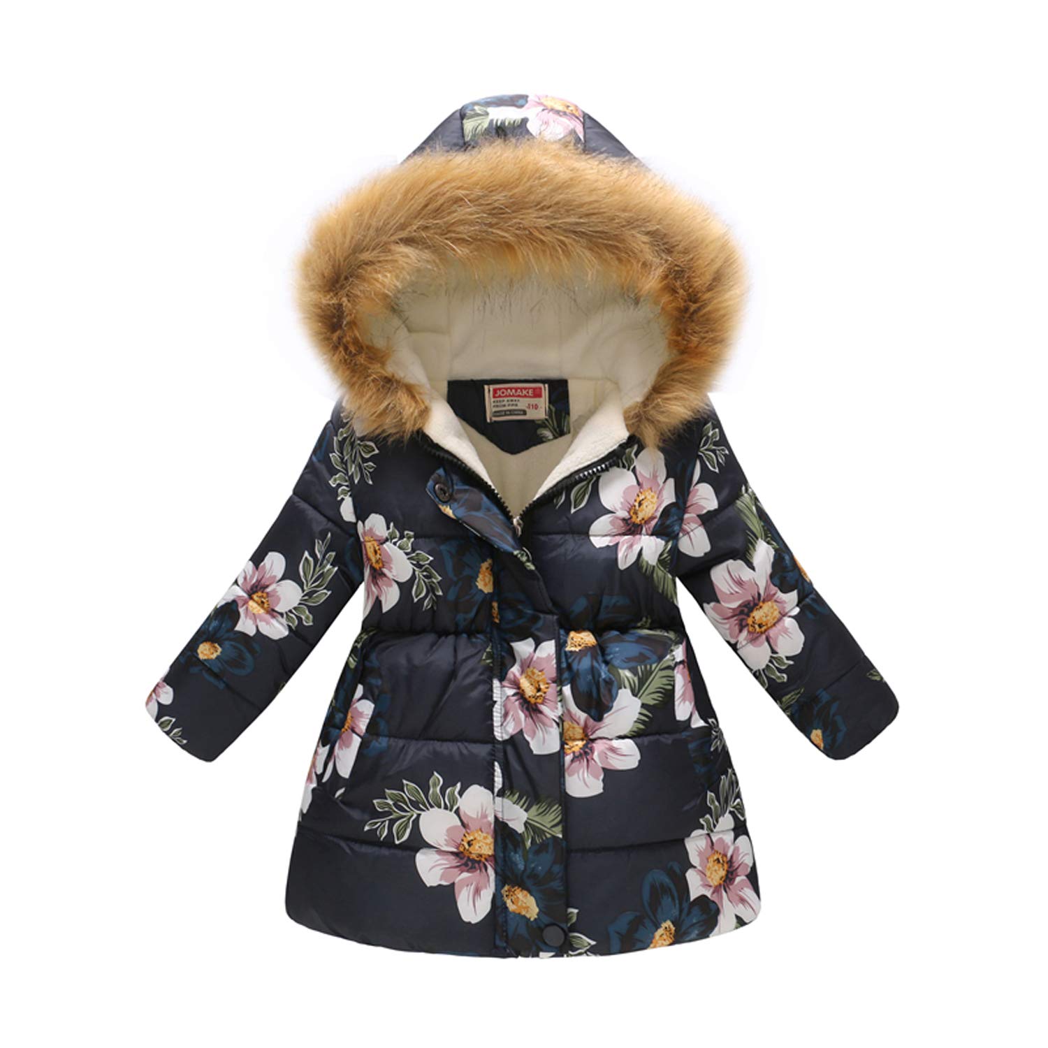 UWBACKWinter Coats For Girls Hooded Waterproof Floral Printed Kids Toddler Warm Snow Jacket