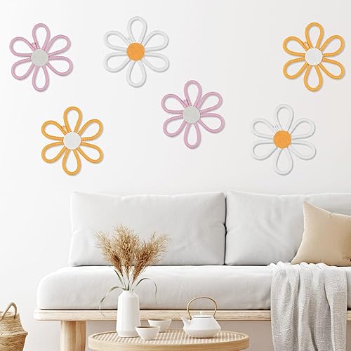Miniatura 10 de 6 piezas de decoración de pared bohemia con margaritas, flores tejidas para colgar en la pared, decoración floral bohemia beige con cordón