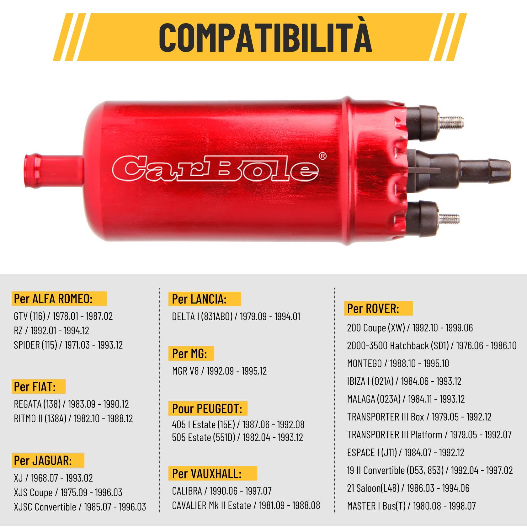 CarBole Pompa del Carburante Elettrica Esterna in Linea a 125 PSI,Pompa per Carburante ad Alta Pressione 12V,250BHP,Sostituzione del Codice Duo - Rosso