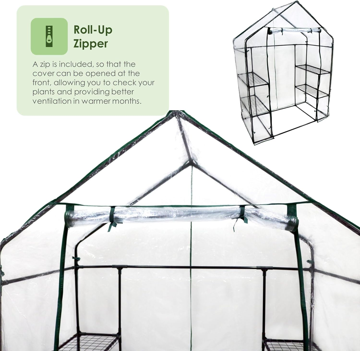 Close-up of the roll-up zipper on the greenhouse cover