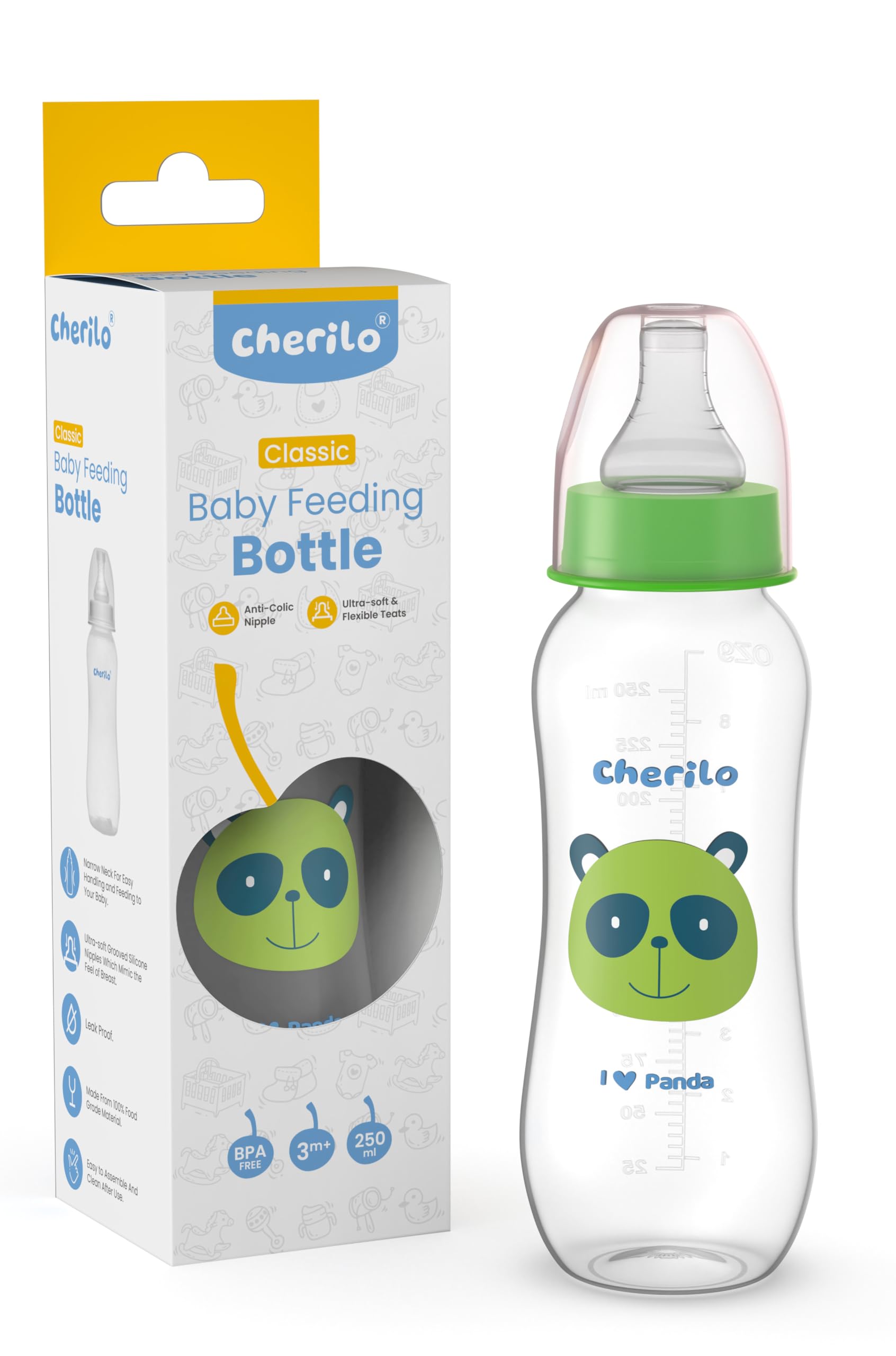 Cherilo Anti-Colic Feeding Bottle for Baby 6 to 12 Months, Milk Feeding Bottle for Kids 1 Year, 100% Food Grade Grooved Silicone Nipples, Leak-Proof, Baby Panda Style (250 ml)-picture-5