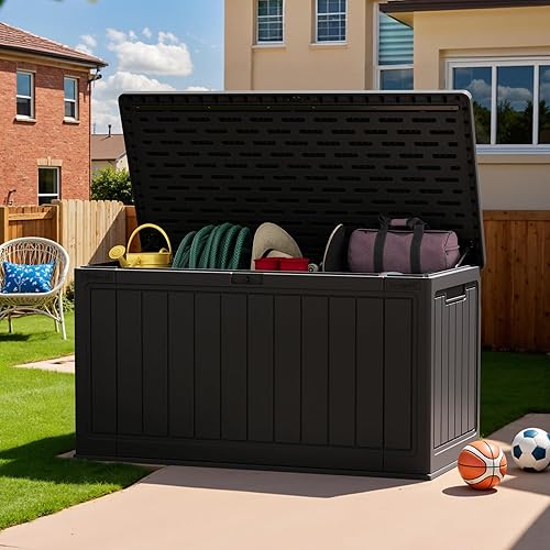 Vista 66 de Patiowell Caja de resina de 100 galones, caja de almacenamiento grande impermeable para muebles de patio y herramientas de jardín, color negro