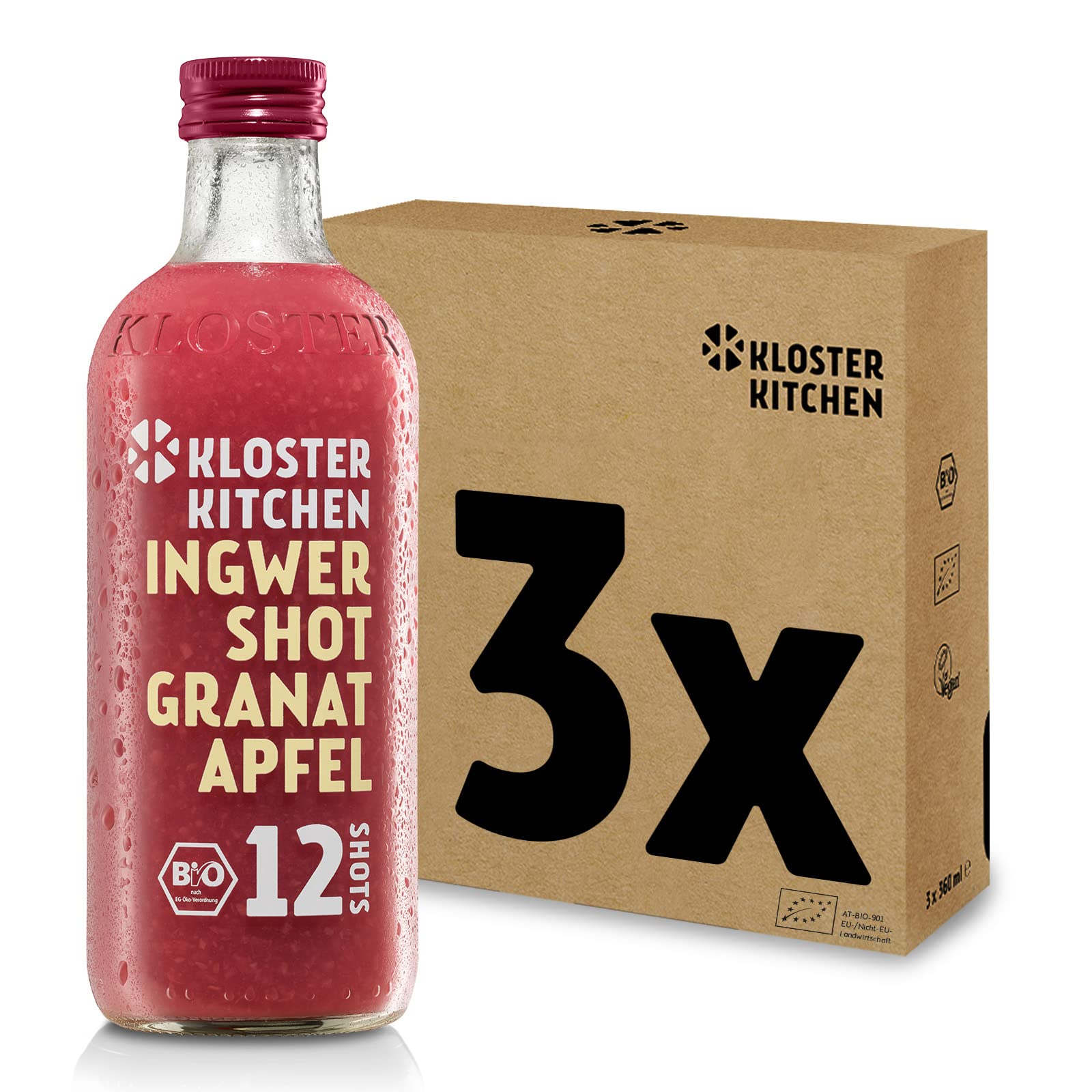 Kloster Kitchen imbir shot granat 12SHOTS 3 x 360 ml z prawdziwymi kawałkami imbiru I Bio imbir shot wegański I 12 strzałów na szklaną butelkę I Słodki ostry bez dodatków & z naturalnym słodkim