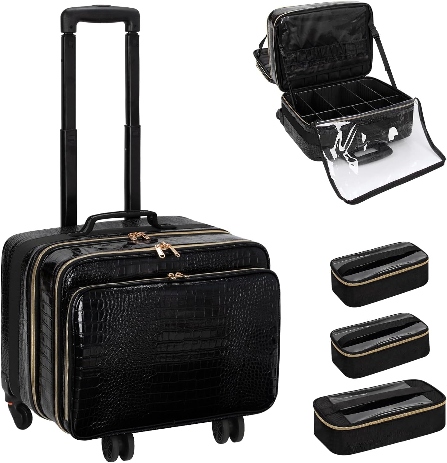 18 Inch Rolling Makeup Train Case, Extra Large Travel Cosmetic Organizer Storage Trolley with Wheels, 3 Layers & 3 Travel Makeup Bags Carry On for Hairstylist Cosmetology Artist