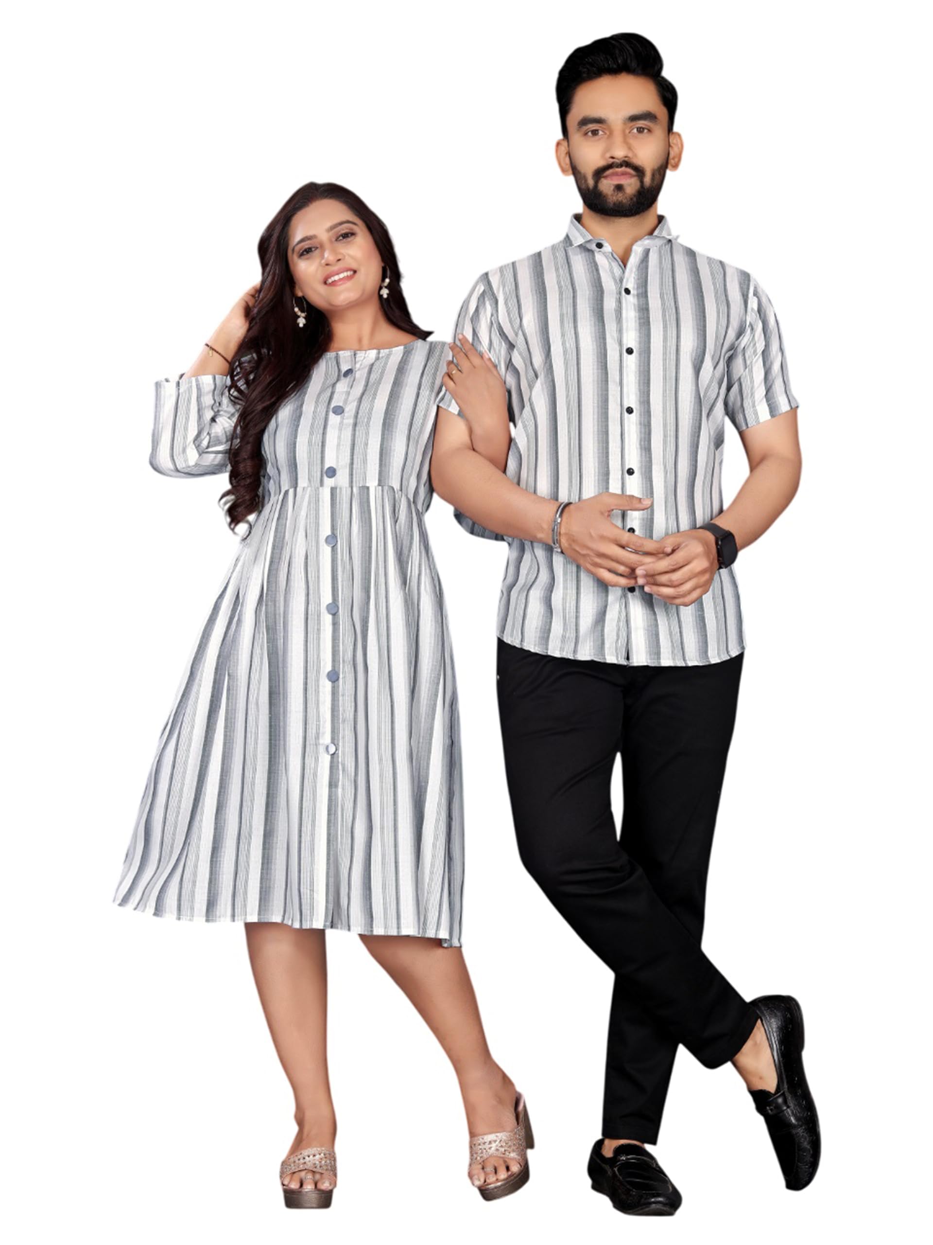 Padmani Cotton Striped Design Men’s Half Sleeves Shirt & Women’s One Piece Kurti Couple Wear for Wedding, Party, Traditional Marriage, Engagement.-image-44
