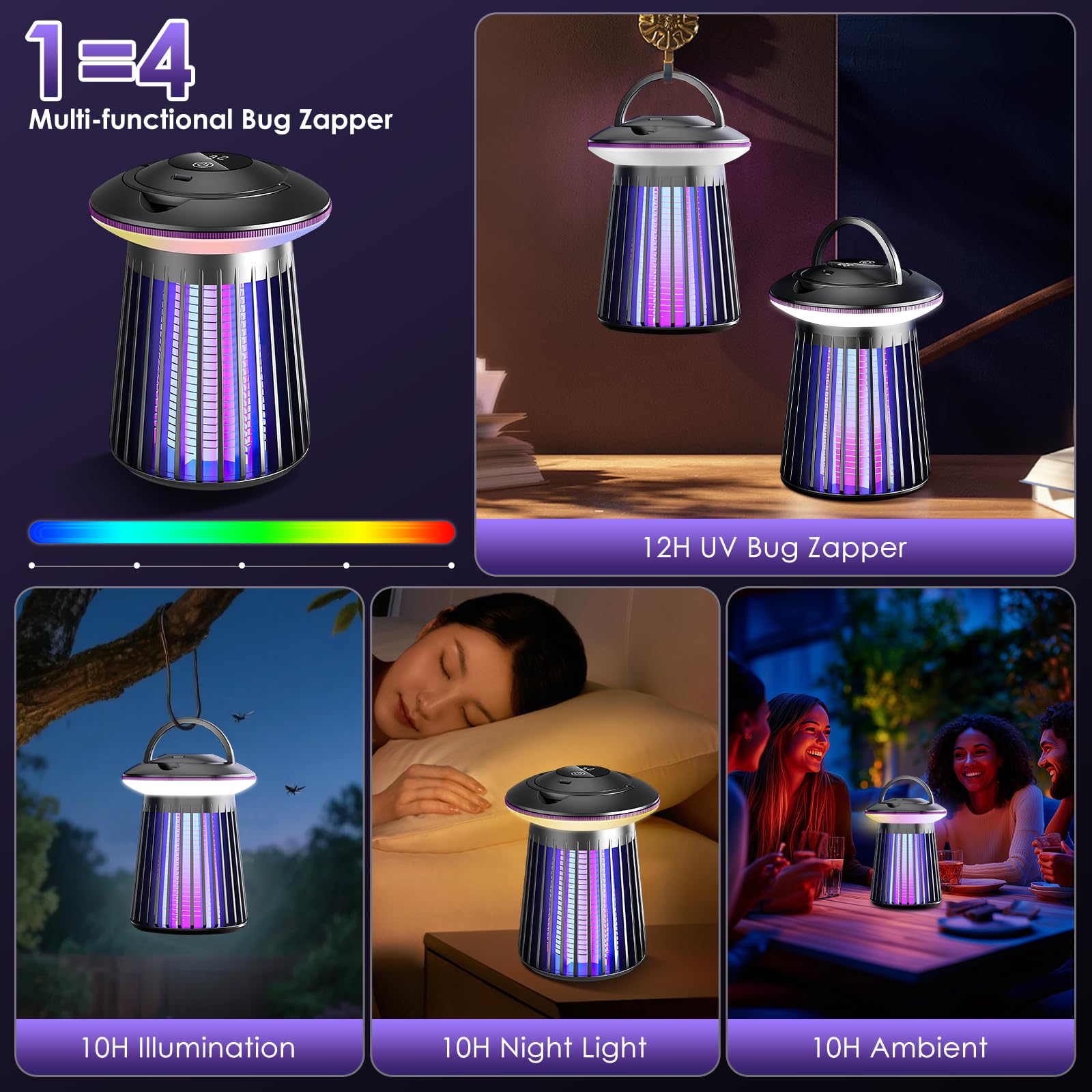 Bug Zapper Outdoor Indoor, 4-in-1 2000V Electric Mosquito Zapper with 2000mAh Battery, USB Charging, Low Noise, Portable Cordless Insect Zapper for Home Patio Kitchen Backyard Garden Porch - 4