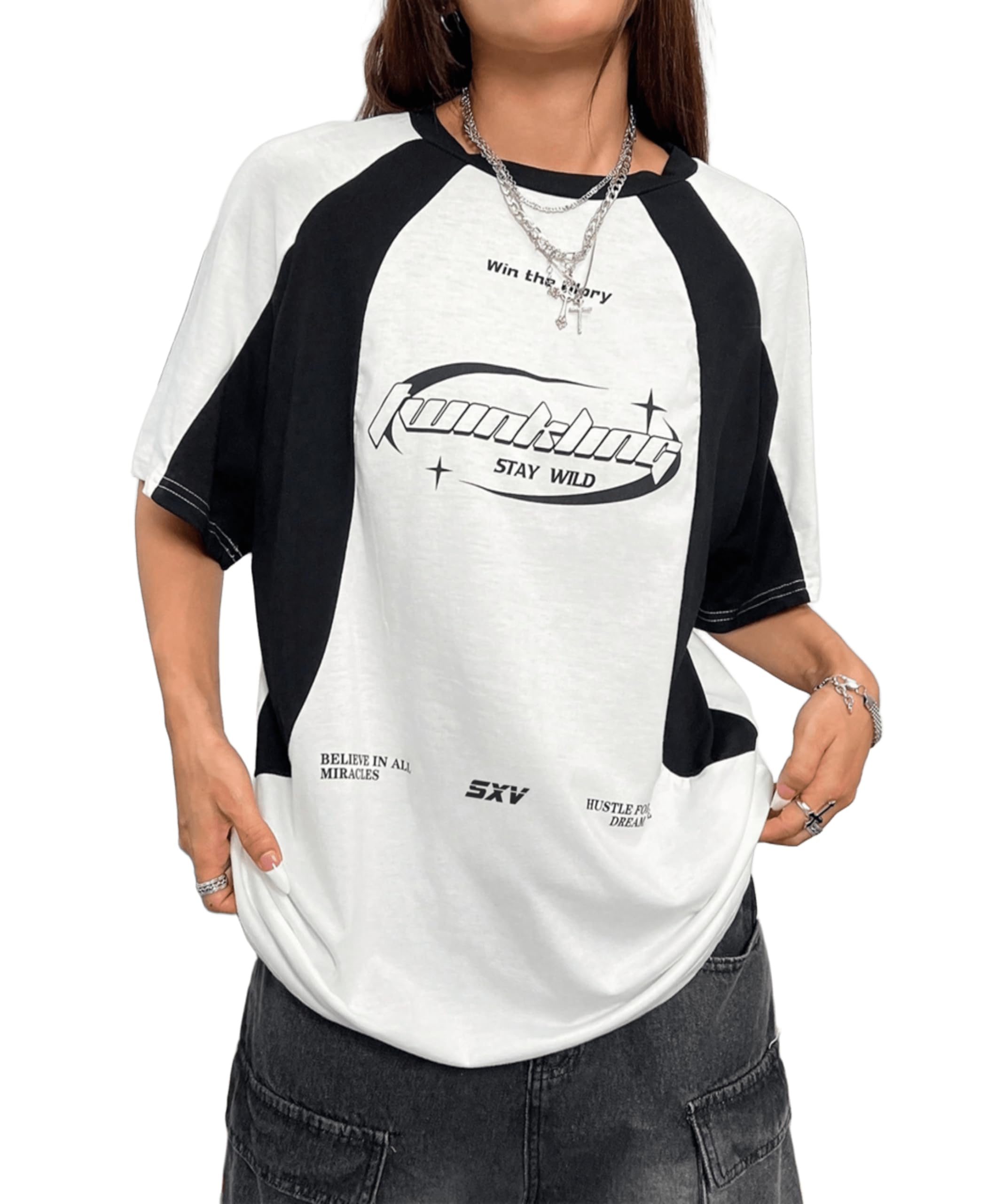sxv style SXV 'Hustle for The Dream Life’ Printed Cool Aesthetic Oversized Baggy Cotton T-Shirt for Women-picture-13