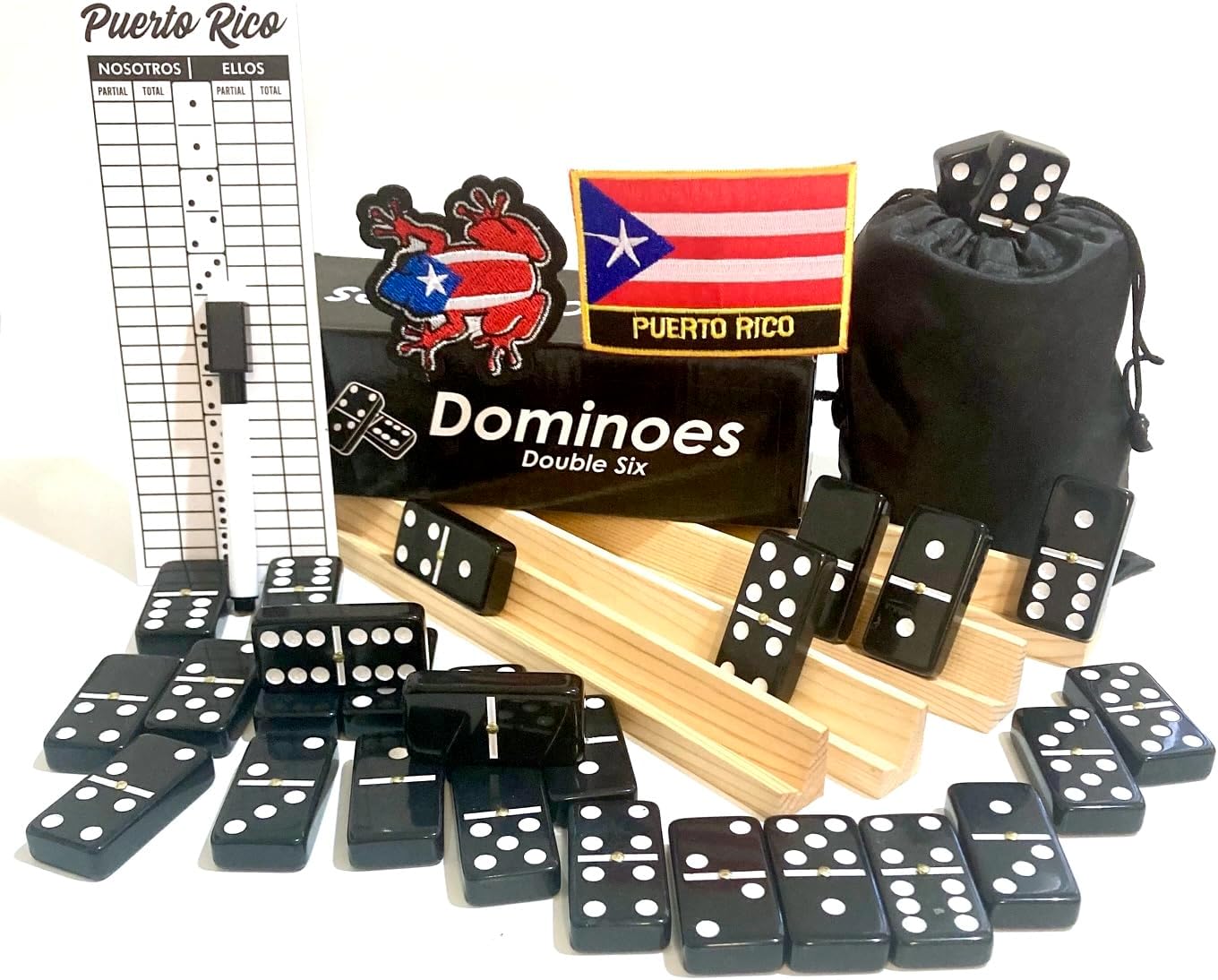 Puerto Rico Dominoes Adult Size Solid Black Puerto Rican Double six Domino Set - Full with Score Pad and Wooden Racks - Perfect for Dominos Adult Size !
