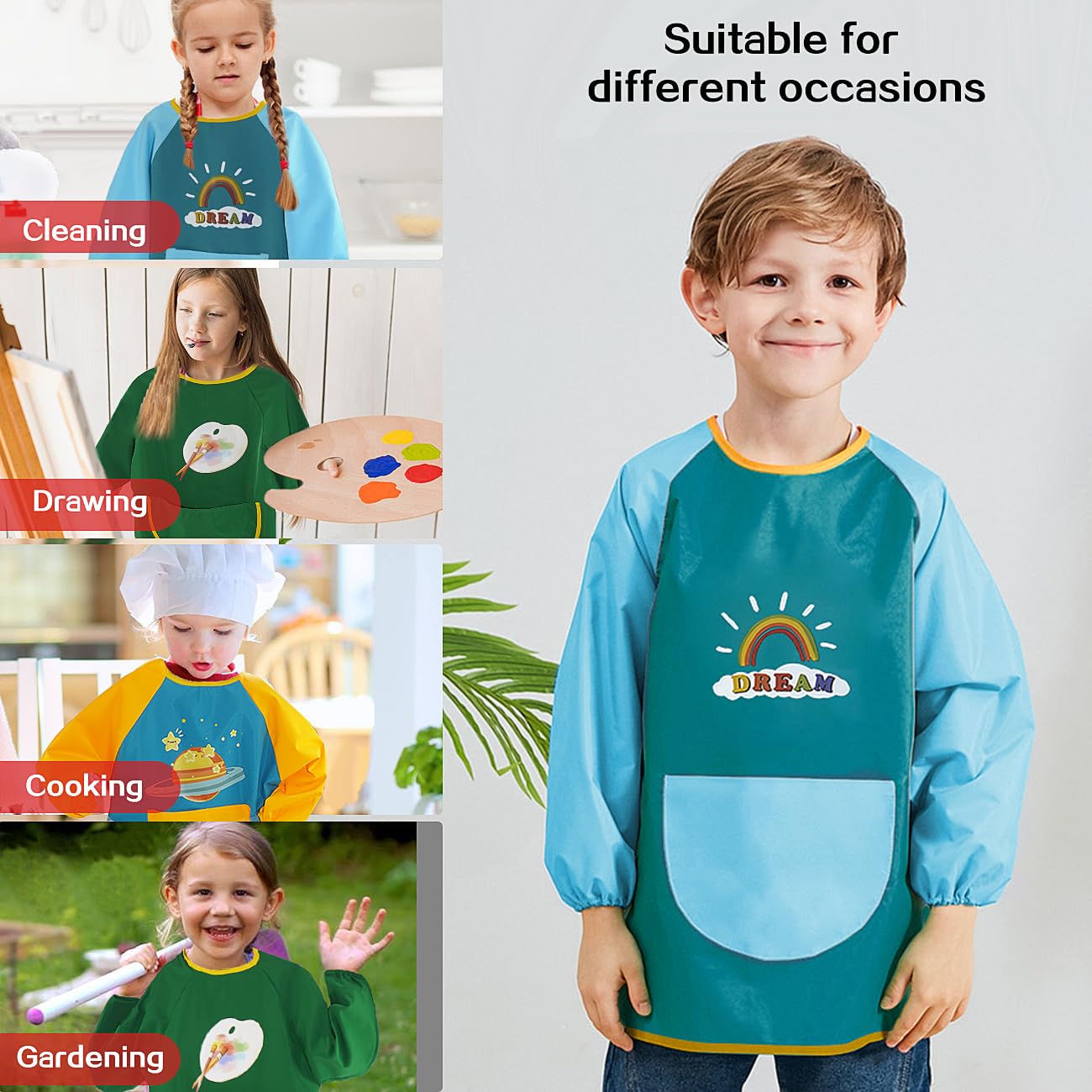 MESU Kids Art Smocks Long Sleeve Apron Waterproof Artist Painting Children Apron Green Rainbow M, Fit Height 80-100cm - Image 2