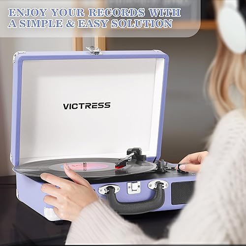 Miniatura 6 de Tocadiscos con altavoces, reproductor de discos de vinilo Bluetooth con grabación, reproductor LP portátil de maleta de 3 velocidades, tocadiscos de