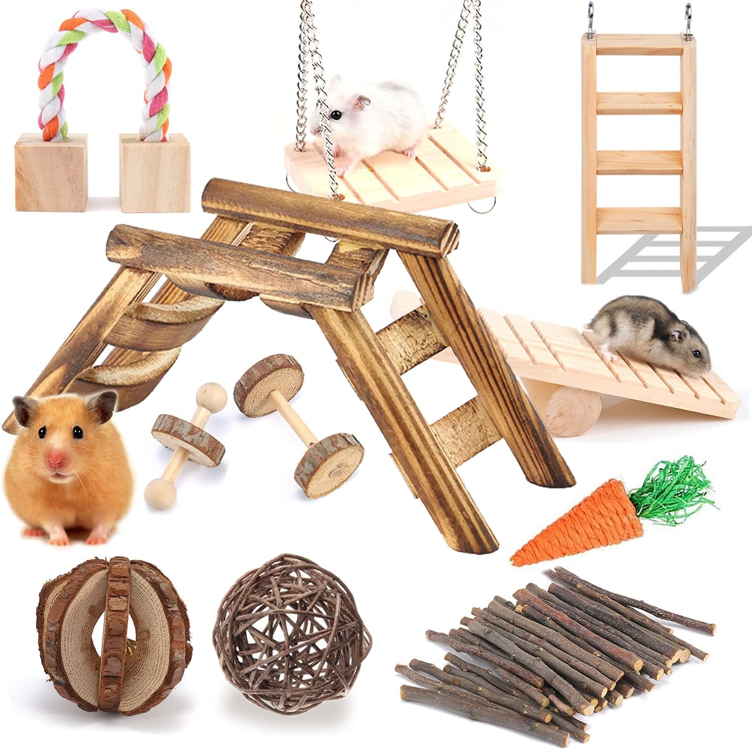 QETRABONE Hamster Chew Toys Set Natural Wooden Hamster Accessories, Chewing and Playing Exercise Teeth Care Small Pets Accessories for hillas Guinea Pigs Gerbils Bunnies Rats Hamster (11PCS)
