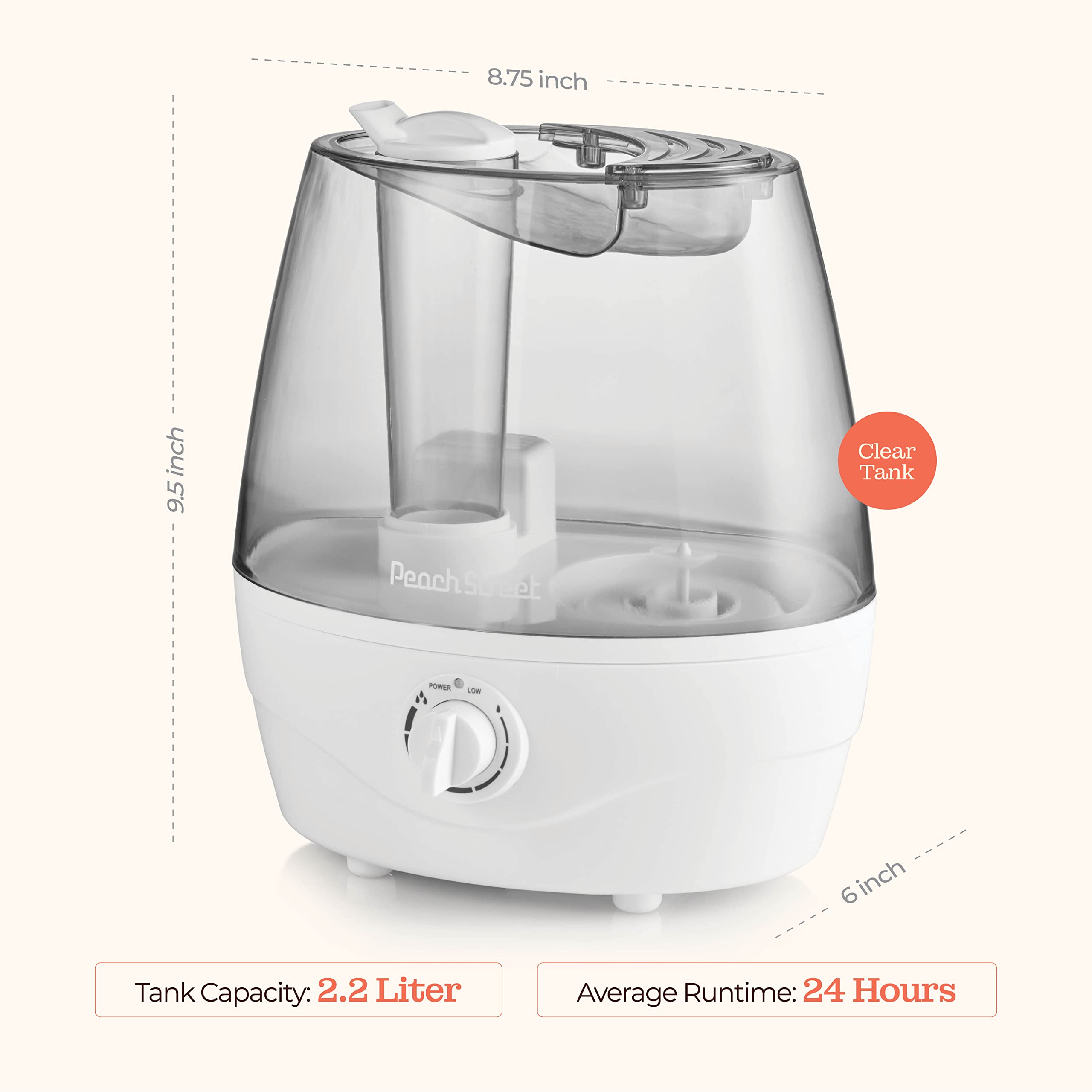 Cool Mist Humidifier - 2.2L Water Tank, for Bedroom, Baby, Quiet Ultrasonic Air Vaporizer, Adjustable Mist Level, 360 Nozzle Rotation, Auto-Shut Off, Large Area Humidifiers Easy Fill and Clean (Grey)