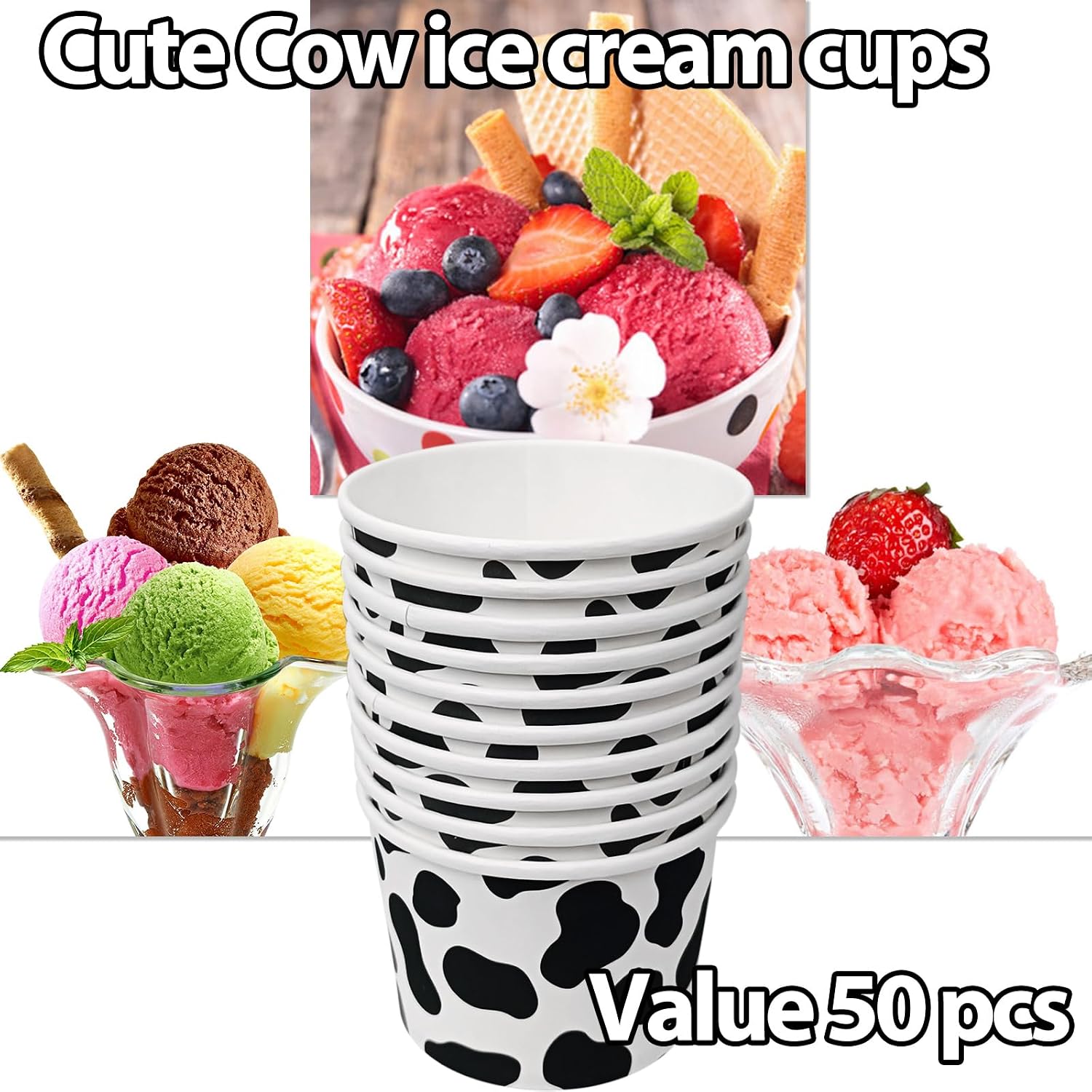 50 Pcs Cow Print Ice Cream Cups 9oz Paper Disposable Cow Bowls Bulk Cowgirl Soup Bowls Paper Food Containers Cowboy Farm Animal Party Supplies for Snack Dessert Fruits