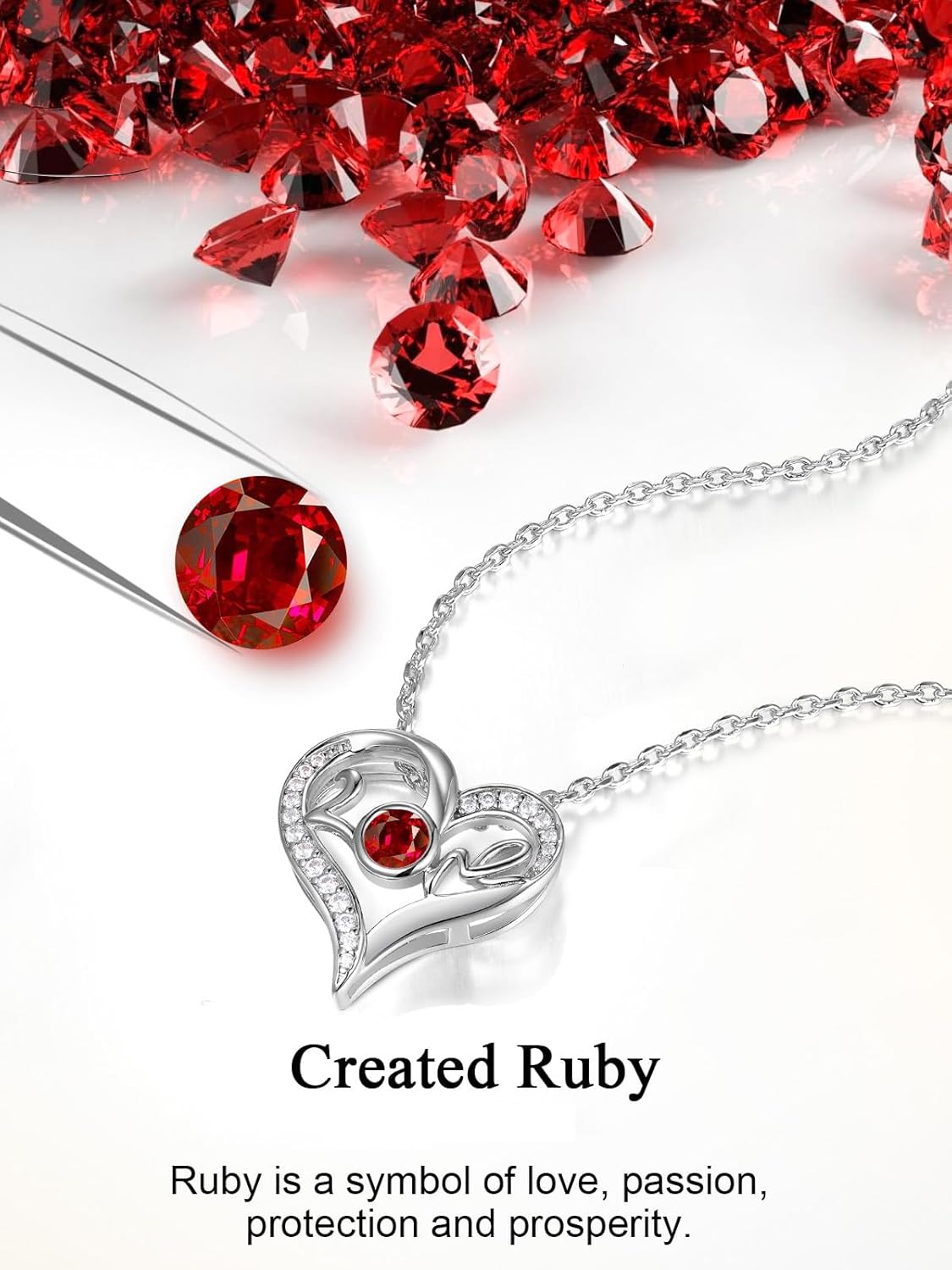 Moissanite and Sapphire/Ruby/Emerald Love Heart Necklace for Women, Solid 925 Sterling Silver, 16"/18"/20" Adjustable, Valentines Birthday Anniversary Christmas Romantic Jewelry - Image 7