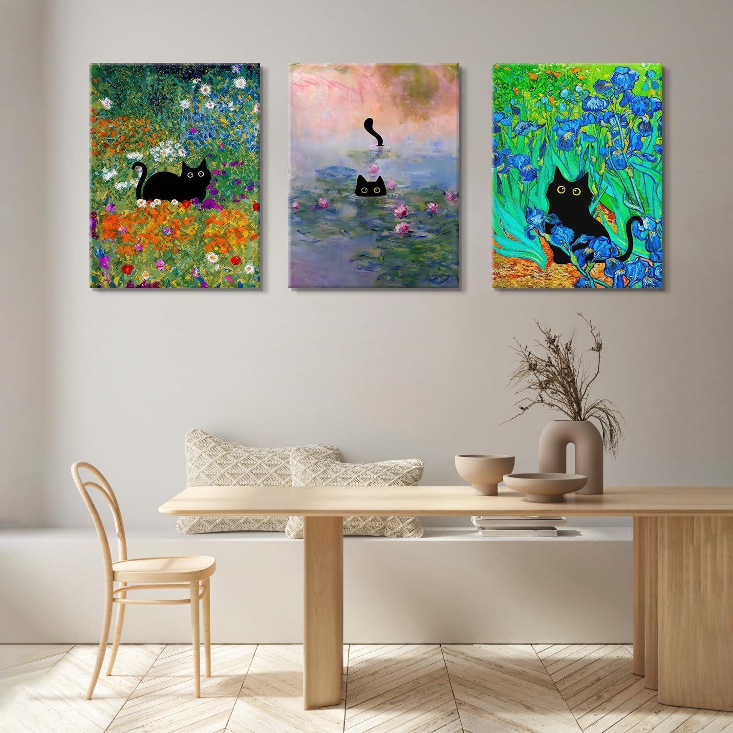 3 pcs Funny Black Cat Wall Art in pink Water Lilies Cat Posters Vintage Cat Famous Oil Paintings Aesthetic Animal Floral Canvas Prints for Bedroom Living Room Bathroom Wall Decor 12x16in Canvas