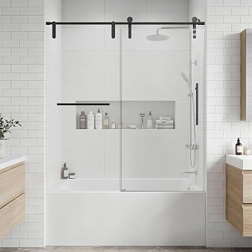 Shower Doors for Bath Tub Frameless 56-60" W x 66" H Single Sliding Shower Door with 5/16" 8mm,Towel Rail and Auxiliary Handle for Bathroom, Adjustable Width, Matte Black