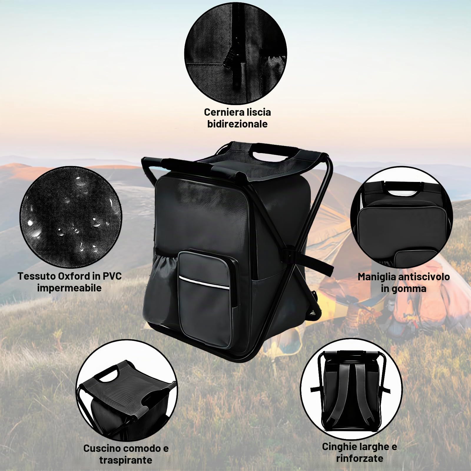 Sedia Zaino Portatile con Borsa Termica in Tessuto, Pieghevole, Trasportabile, Leggera, Tessuto Oxford in PVC 600D, Borsa da Trekking per Attività Escursionistiche All'aperto (52 x 36 x 5 cm)