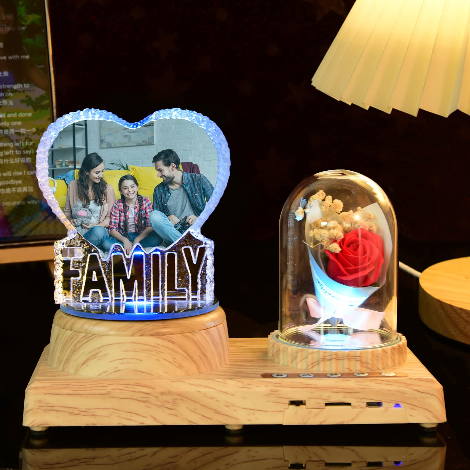 Personalized Heart Night Light 3D Crystal Lamp Custom Photo Picture Engraved Led Light 7 Color with Music Base Personalized Gifts for Women Family Christmas