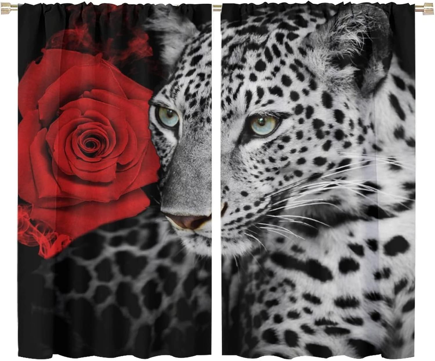 Leopard Red Rose Curtain,Black and White Romantic Valentine's Day Floral Wildlife Wild Animal Blackout Window Door Curtains for Bedroom Living Room Home Decor W72xL63in