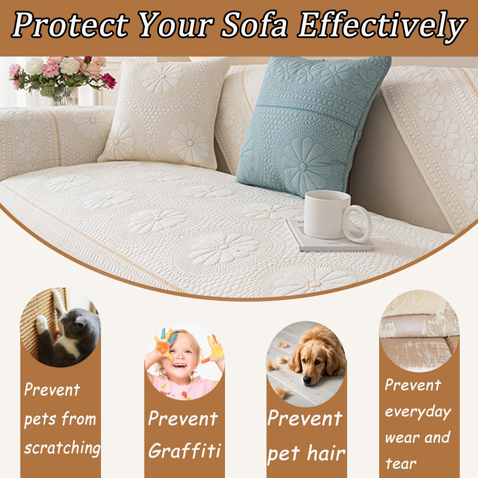 Copertura per Divano in Cotone Trapuntato, Modello Margherita, Stile Rustico, Antiscivolo, Morbida, Lavabile, Protezione per Divano da Cani e Animali Domestici Beige 110x210cm/43.31x82.68in