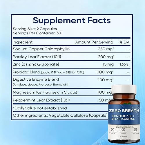 Miniatura 7 de Zero Breath - Cápsulas para el mal aliento, solución para el mal aliento 7 en 1, con clorofilina, extracto de menta, mezcla de probióticos, frescura