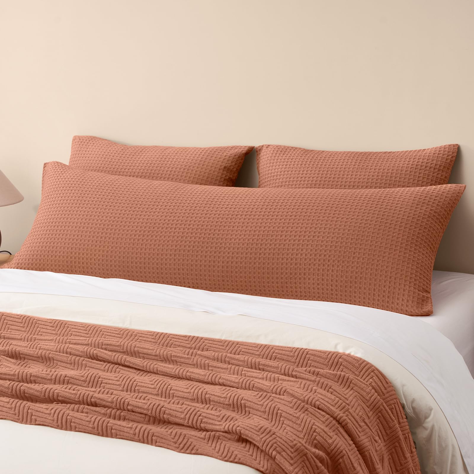 phf ultra soft waffle weave body pillowcase with zipper, no insert, 1pack 20" x 54" pillow sham, breathable & skin-friendly body pillow case, stylish decorative bed pillow cover, burnt umber