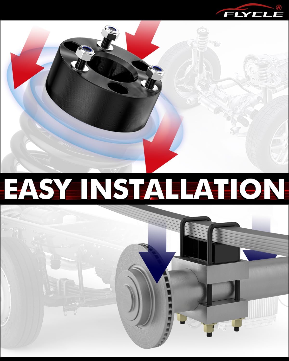 FLYCLE 3" Front and 2" Rear Leveling Lift Kits for 2005-2023 Frontier 2WD 4WD, 3'' Front Struct Spacers + 2'' Rear Leveling Lift Blocks Kit Extended Square U-Bolts for 2009-2012 Suzuki Equator 2WD 4WD