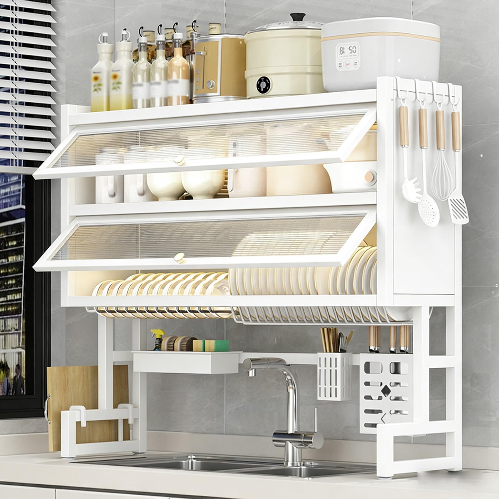 Escurridor de platos sobre el fregadero, organizador de cocina de gran capacidad, con cubierta a prueba de polvo, estante de metal multifuncional, para platos, vasos, cuencos, cubiertos