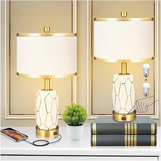 Set of 2 Touch Control Ceramic Table Lamps for Bedroom Livingroom,Modern Black/White, with USB Ports,Bedside Nightstand Lamp with Fabric Drum Lampshade,Blubs Included (White)