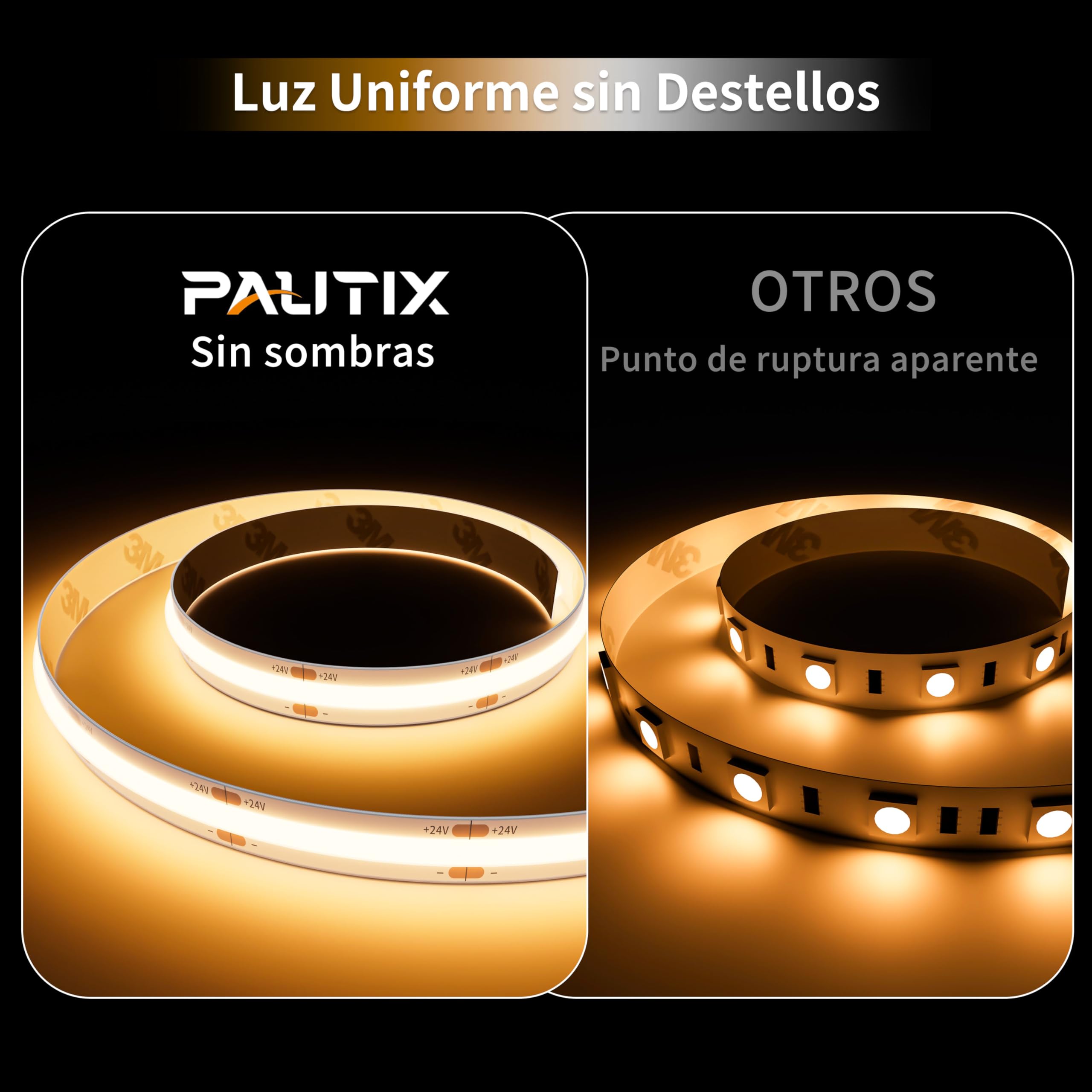 PAUTIX Tira de LED COB Blanco Cálido 2700K DC24V Impermeable IP65,10m 504LEDs/M Tira de luces LED CRI90+,LED Strip para Hogar Cocina DIY con Conector COB de 8mm(fuente de alimentación no incluida)
