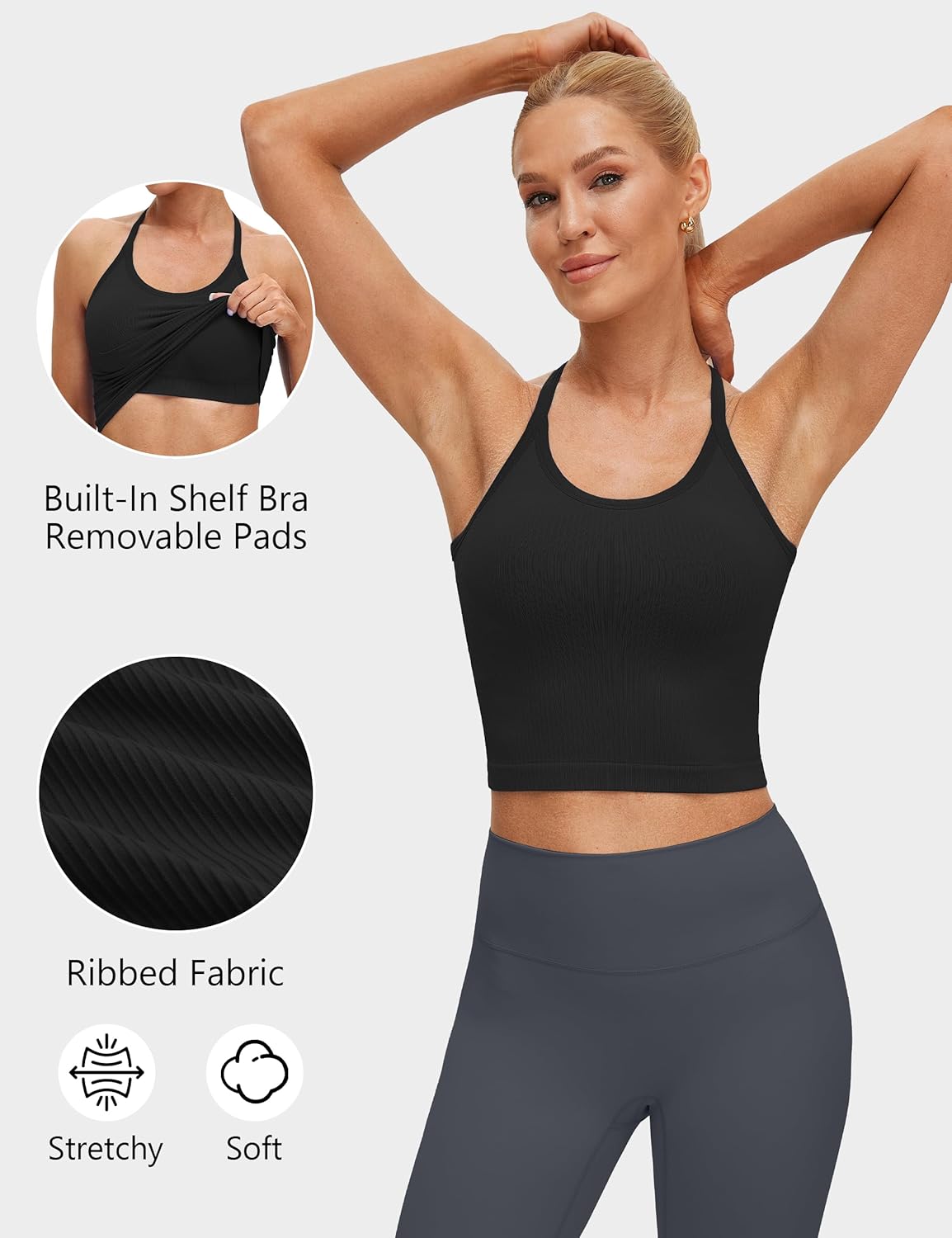 MathCat Seamless Y Back Workout Tank Tops - Spaghetti Straps Racerback Longline Sports Bras Ribbed Padded Yoga Crop Tops
