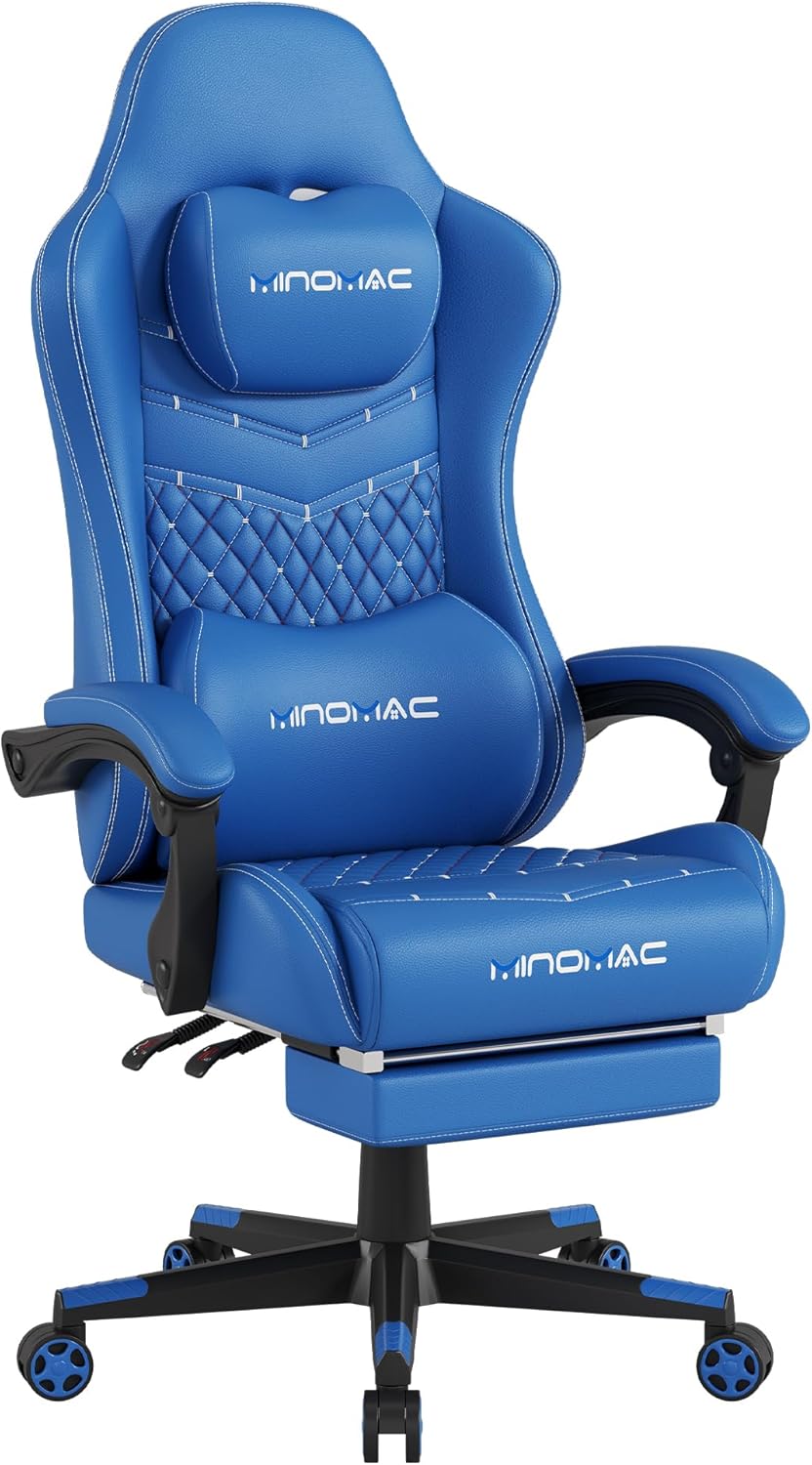 Gaming Chair,Ergonomic Computer Gaming Chair,400lb Load-Bearing,Retractable Footrest/Waist Support/Ergonomic Backrest[Spring + 4D Sponge] (Sky Blue)