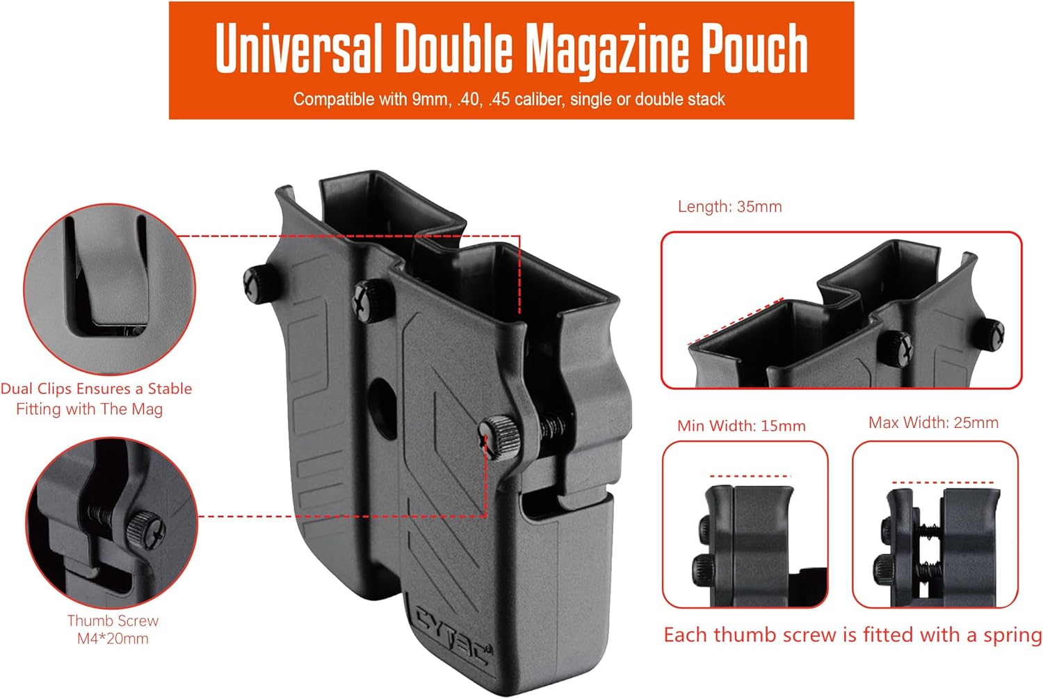 Universal Double Magazine Pouch Fit 9mm 10mm .40 .45 Caliber Dual & Single Stack Magazines, Black - Image 3