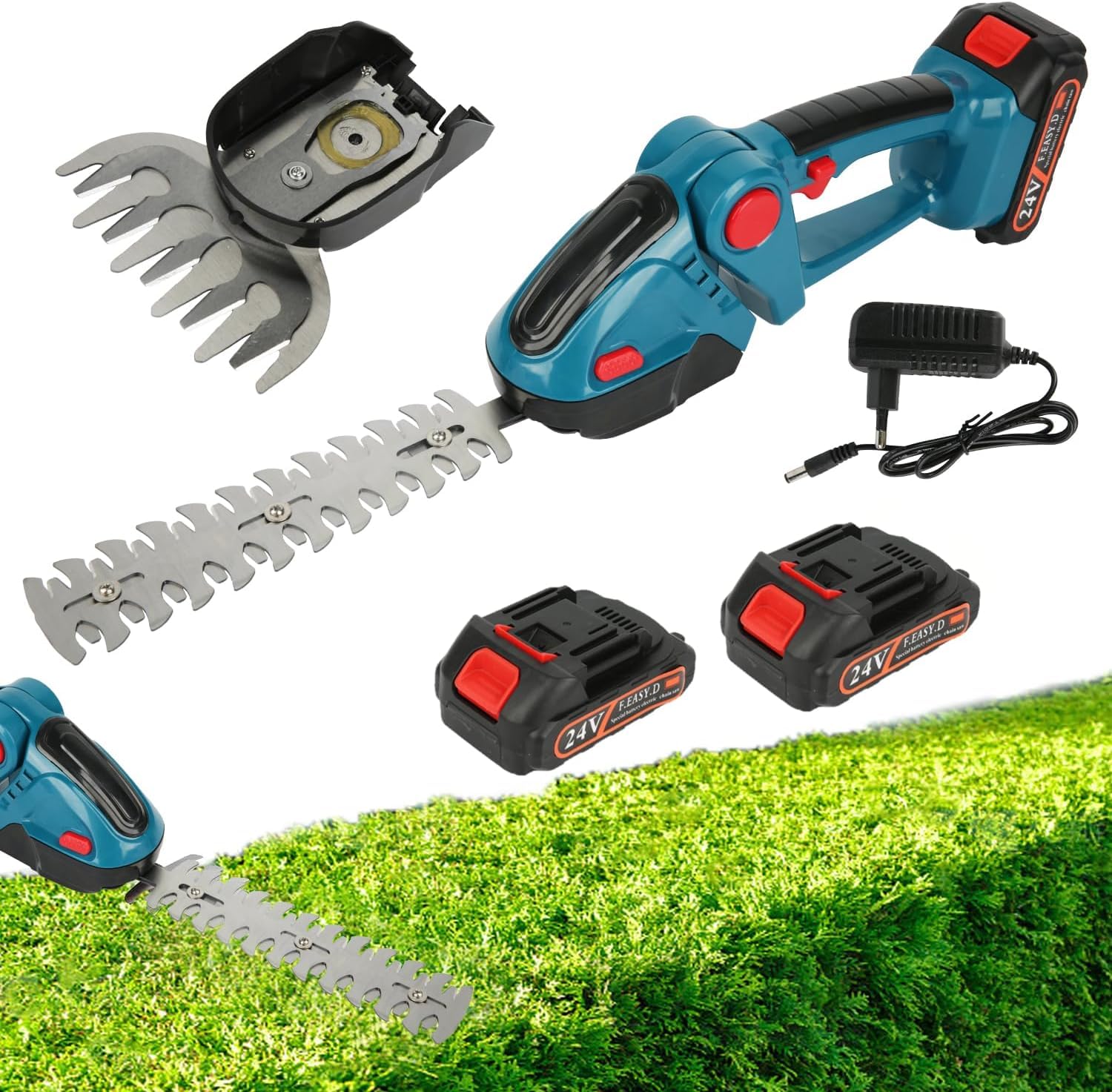 Taille-Haie sans Fil 24V 2-en-1 Cisaille À Gazon avec 2 Batteries 2000 mAh et Chargeur, 20 000 TR/Min 2 Lames, Bleu