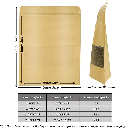 Miniatura 4 de 100 bolsas resellables, bolsas de papel kraft de pie con ventana mate, bolsas de almacenamiento de alimentos con cierre de cremallera para pequeñas
