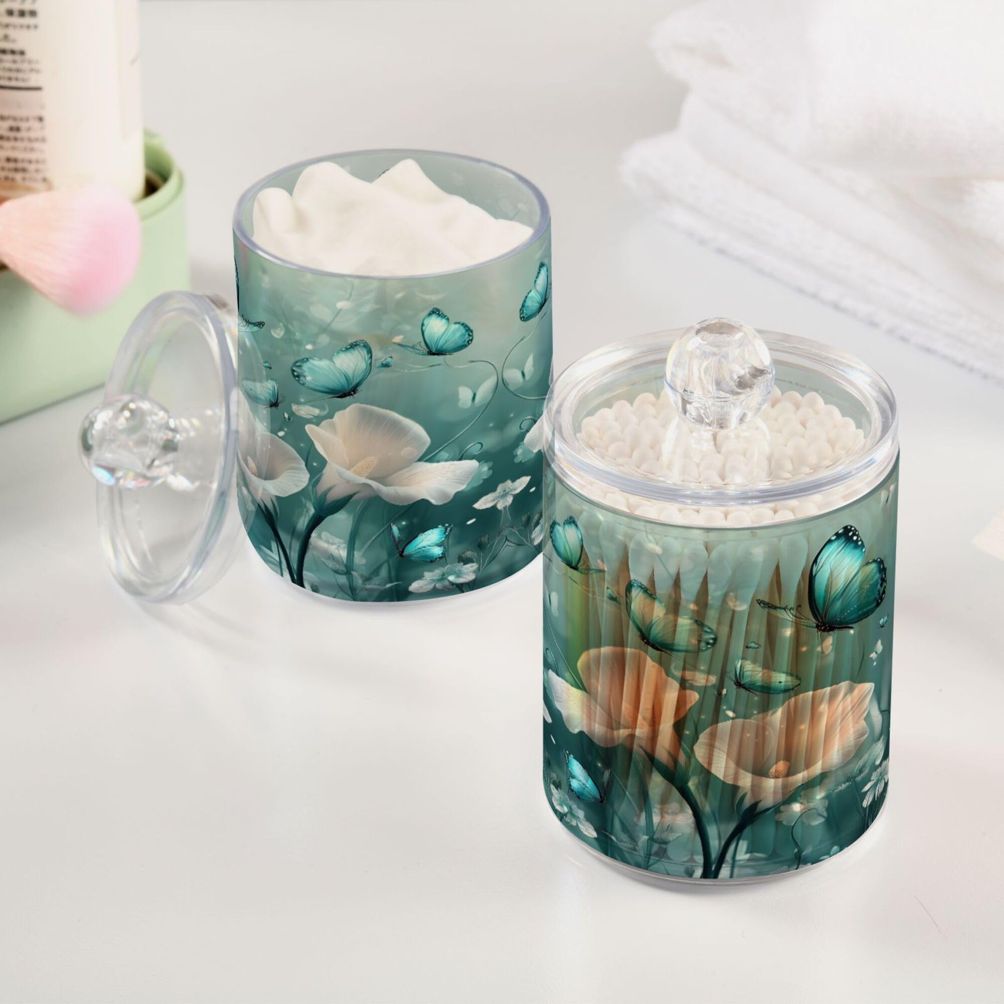 MNSRUU 2 Pack Qtip Holder Organizer Dispenser White Flower Butterfly Bathroom Storage Canister Cotton Ball Holder Bathroom Containers for Cotton Swabs/Pads/Floss