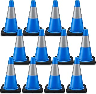 12 Pack Traffic Safety Cones Plastic PVC Blue Traffic Cones with Black Base and Reflective Collars for Street Hazards, Training, Road Construction, Parking Lot (18 Inch)