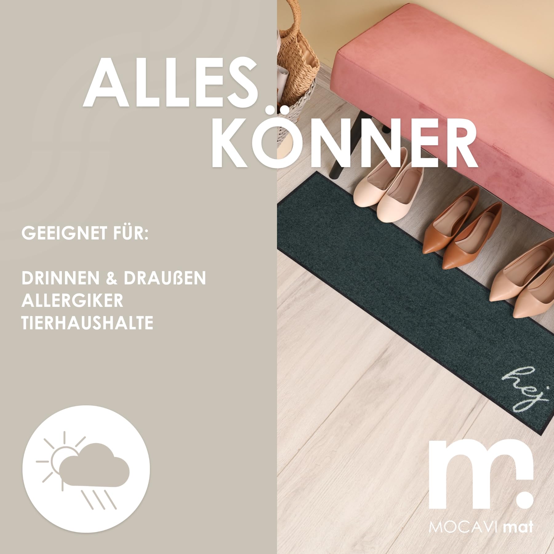 MOCAVI Mat Fußmatte Schuhparkplatz mit Rand waschbar außen & innen anthrazit 30x100 cm Hej Schuh-Teppich lang, schmal, Schuhe ausziehen, Deko sbereich innen, außen, Matte, Haustür, Stiefelmatte