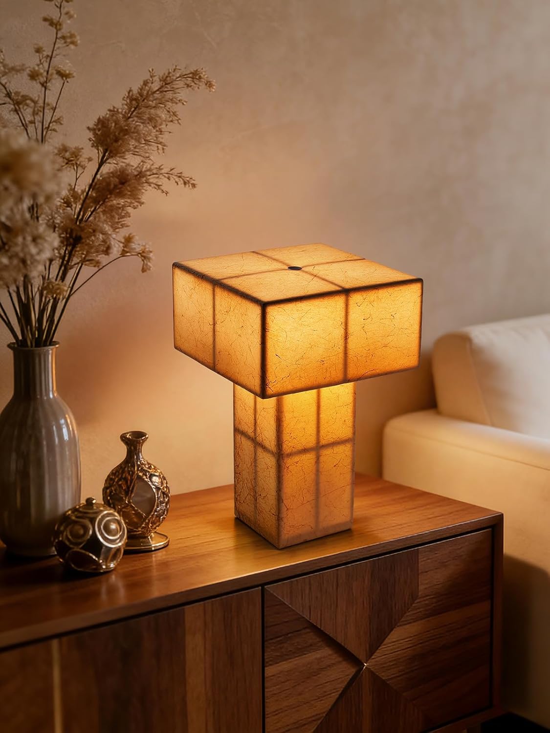 9.1''Mid Century Modern Table Lamp,Handmade Bedside Lamp with Dimmable,Cordless Rechargeable Lamp for Home Decor,LED Ambient Lighting for Nightstand,Living Room,Bedroom,Bulb Included(Yellow)