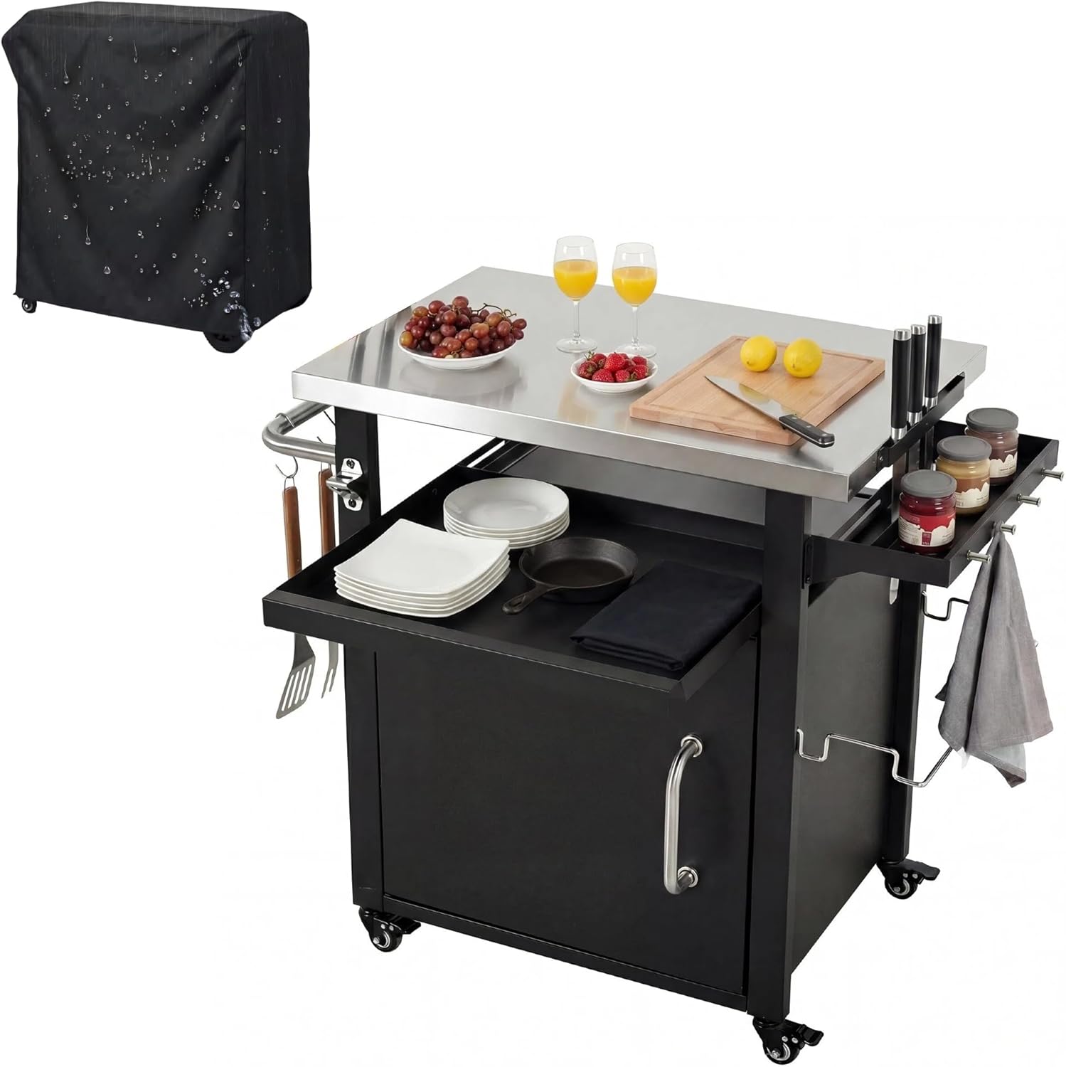 39.5" Outdoor Grill Cart with Stainless Steel Top, Small Kitchen Island Cart on Wheels with Storage Cabinet, Bar Table with Spice & Paper Rack for BBQs, Waterproof Cover Included