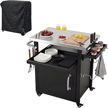 39.5" Outdoor Grill Cart with Stainless Steel Top, Small Kitchen Island Cart on Wheels with Storage Cabinet, Bar Table with Spice & Paper Rack for BBQs, Waterproof Cover Included