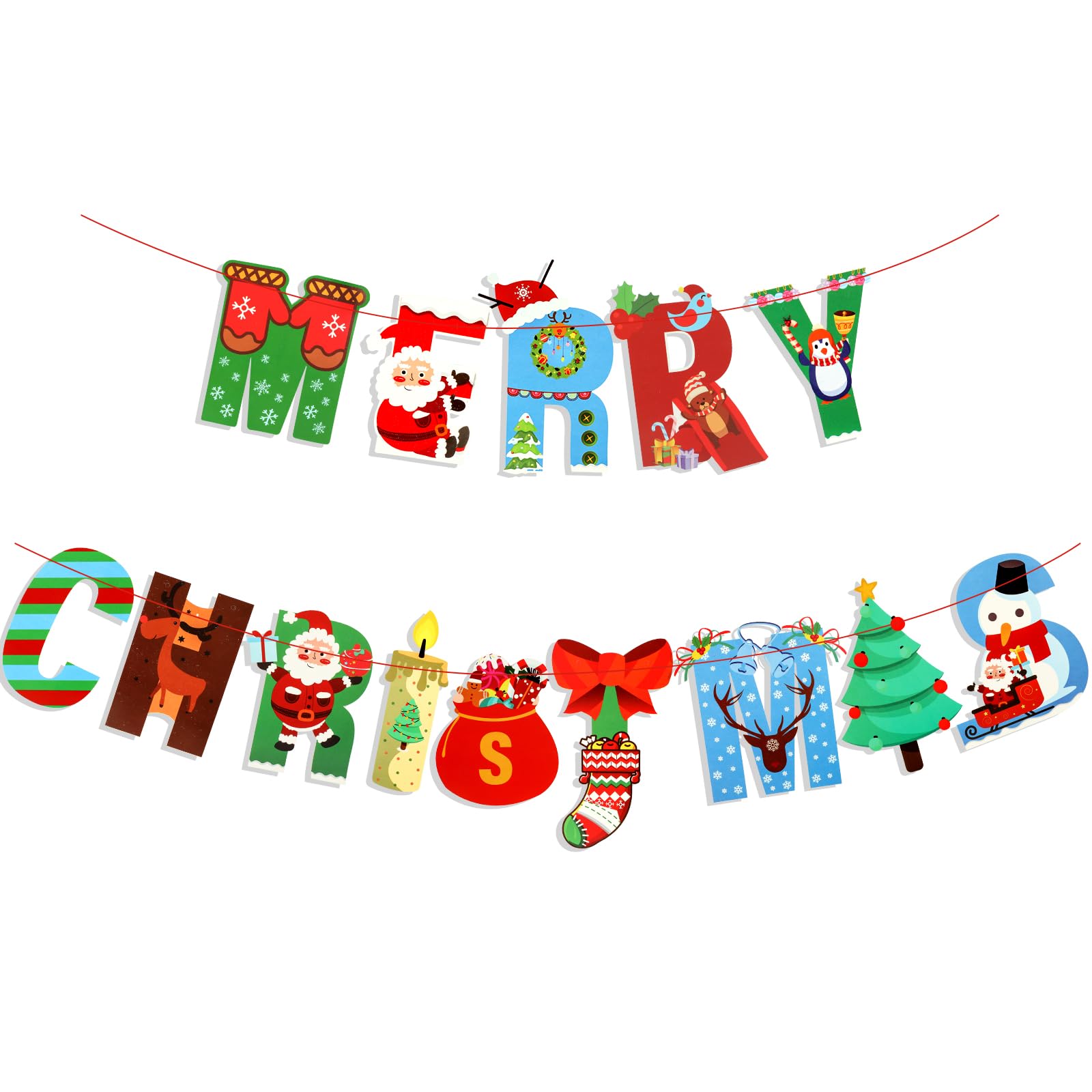 Merry Christmas Banner,Christmas Party Banner,Christmas Bunting Garland for Christmas Party Decorations, Xmas Holiday Mantle Fireplace Home Decor-D